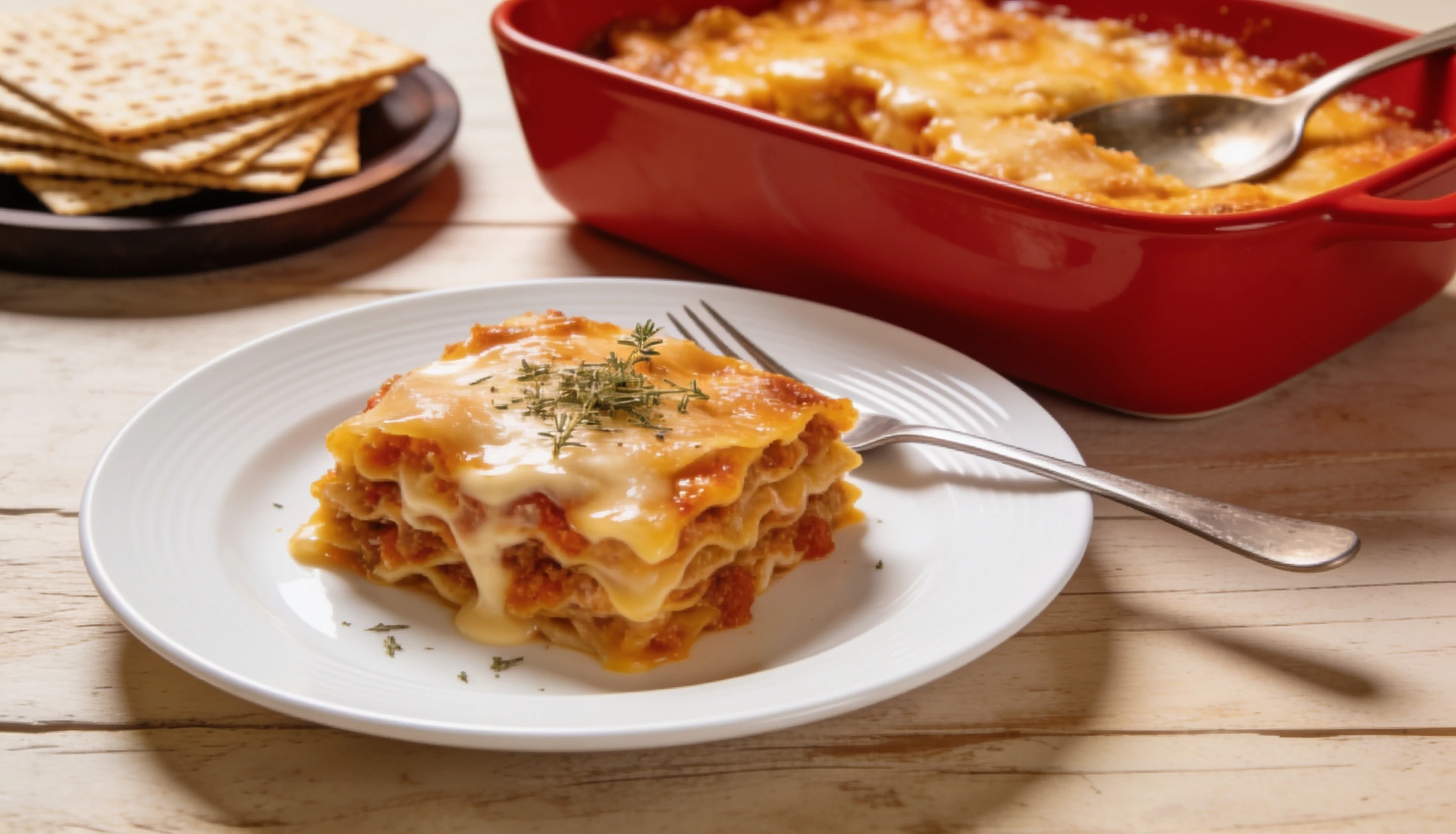 Delicious homemade matzo lasagna served on a white plate with melted cheese and herbs, alongside a red baking dish and crackers.