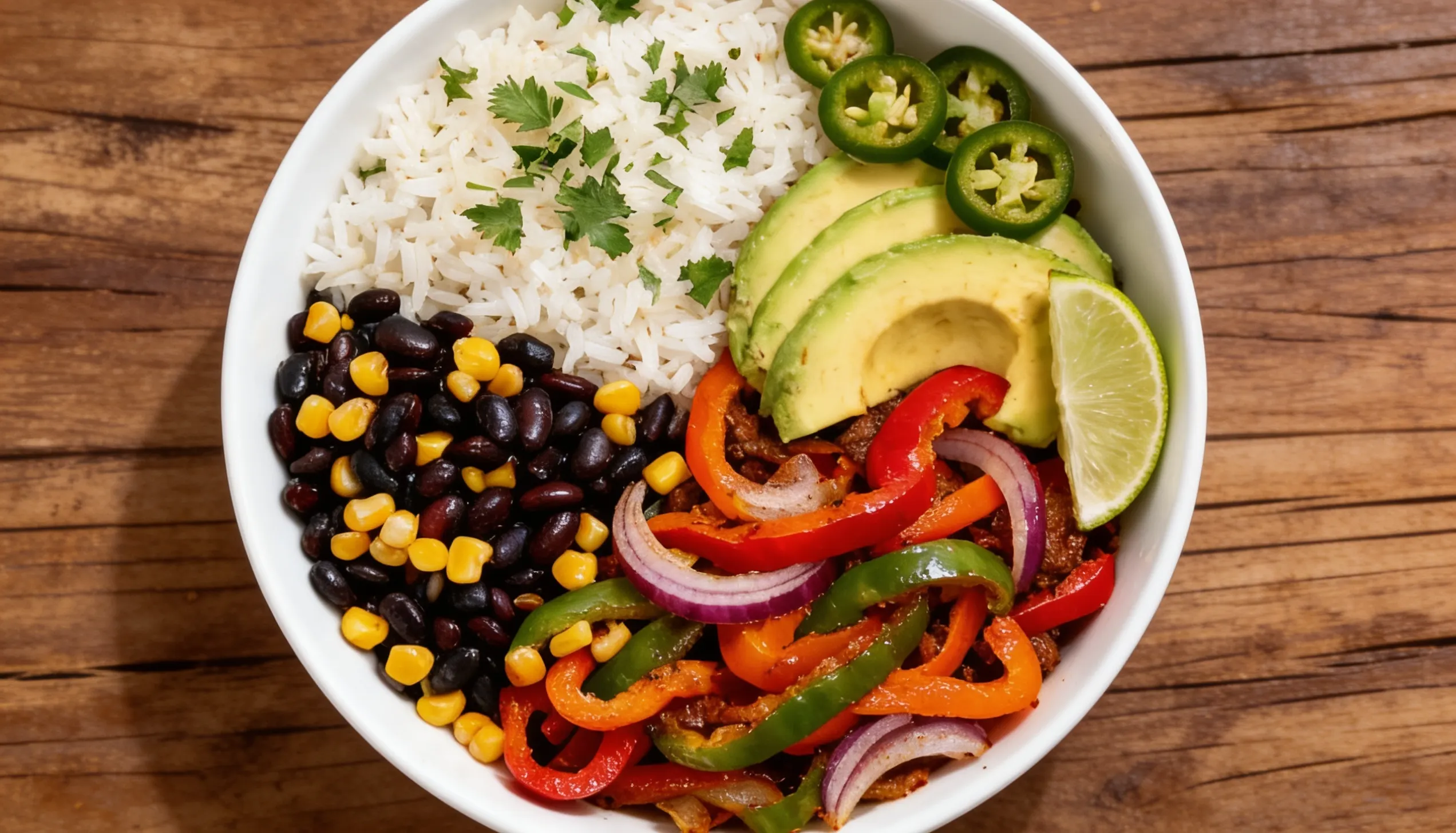 A colorful bowl featuring rice, black beans, corn, bell peppers, avocado, jalapeños, and lime, garnished with cilantro.