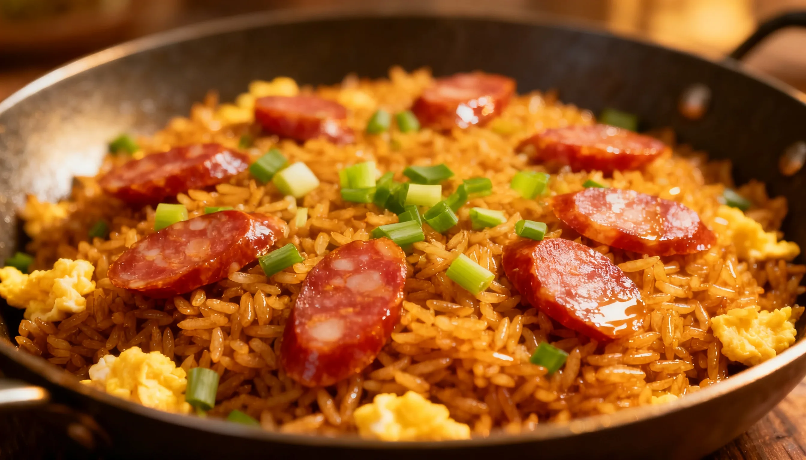 A close-up of a pan filled with golden fried rice topped with slices of Chinese sausage, scrambled eggs, and chopped green onions, creating a savory and appetizing dish.