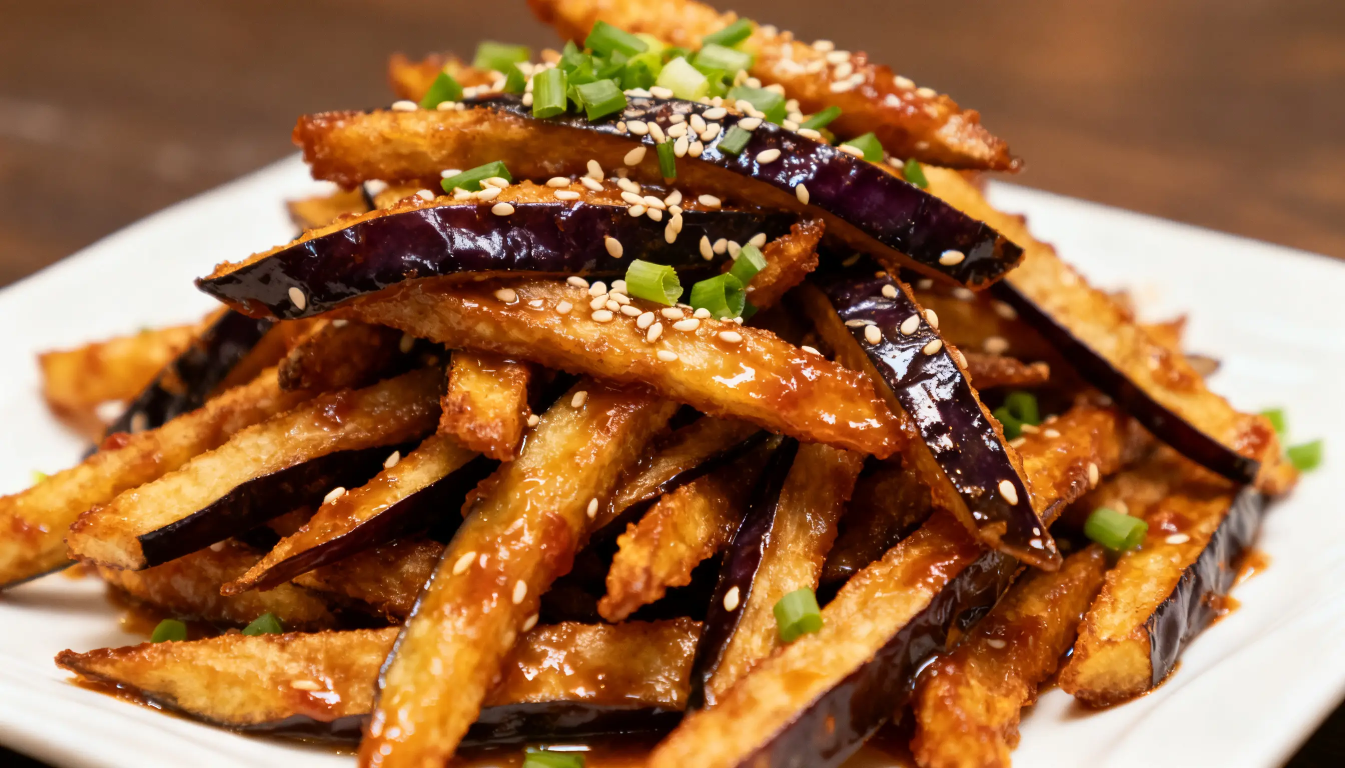 A plate of <echighlighted><echighlighted><echighlighted><echighlighted><echighlighted>crispy chinese eggplant</echighlighted></echighlighted></echighlighted></echighlighted></echighlighted> topped with sesame seeds and chopped green onions, glistening with a savory sauce.