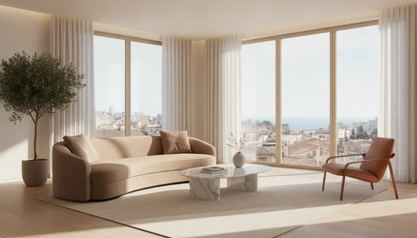 Modern living room with tan sofa, marble coffee table, floor-to-ceiling windows, and cityscape view