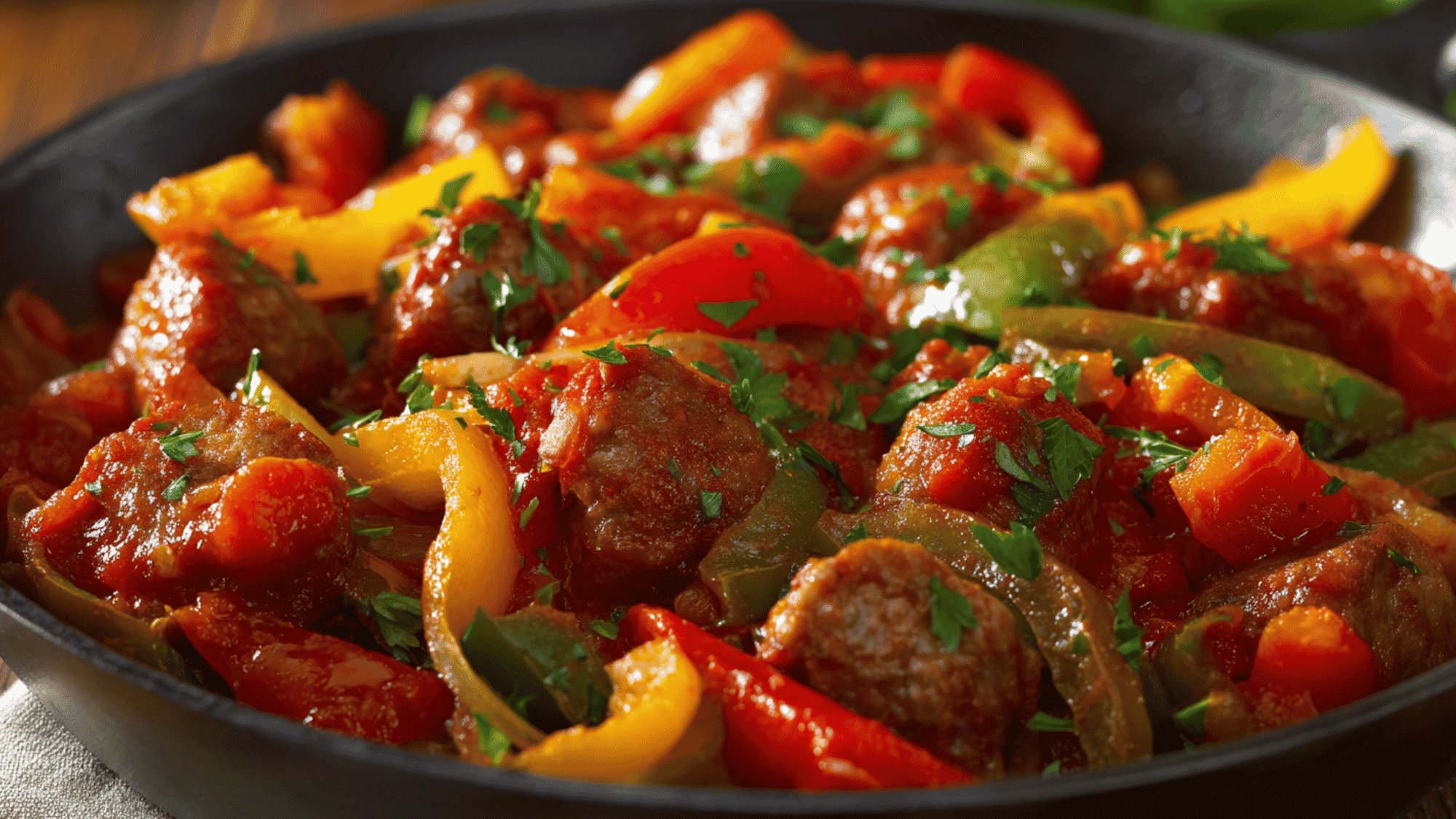 Italian sausage links, sliced bell peppers, and onions simmering together in a rich tomato sauce inside a slow cooker.