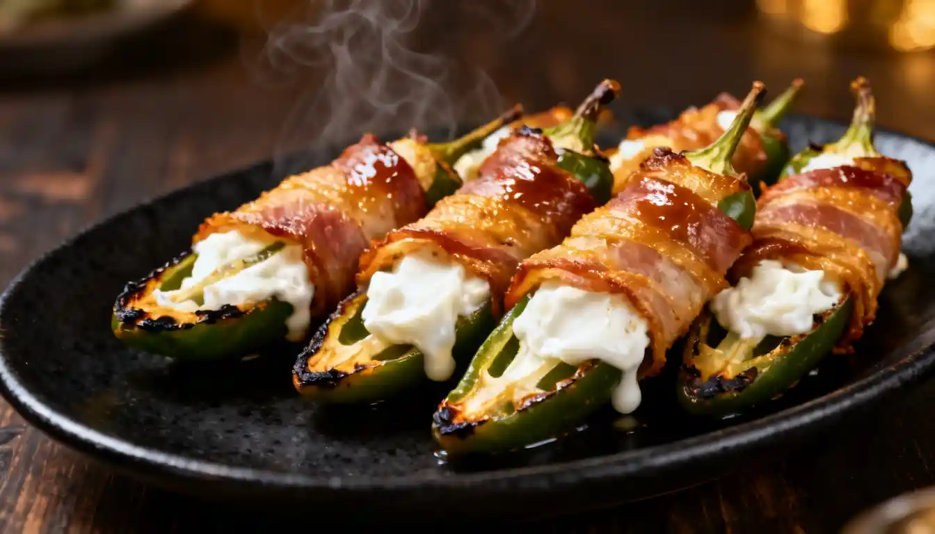 Close-up of creamy cheese-filled bacon-wrapped jalapeños with steam rising.