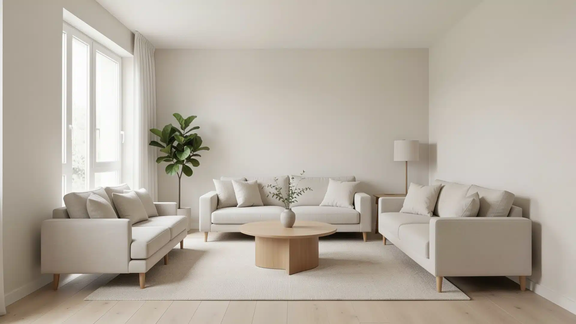 A modern living room with white furniture, showcasing a tidy space with natural light and simple decorative elements.