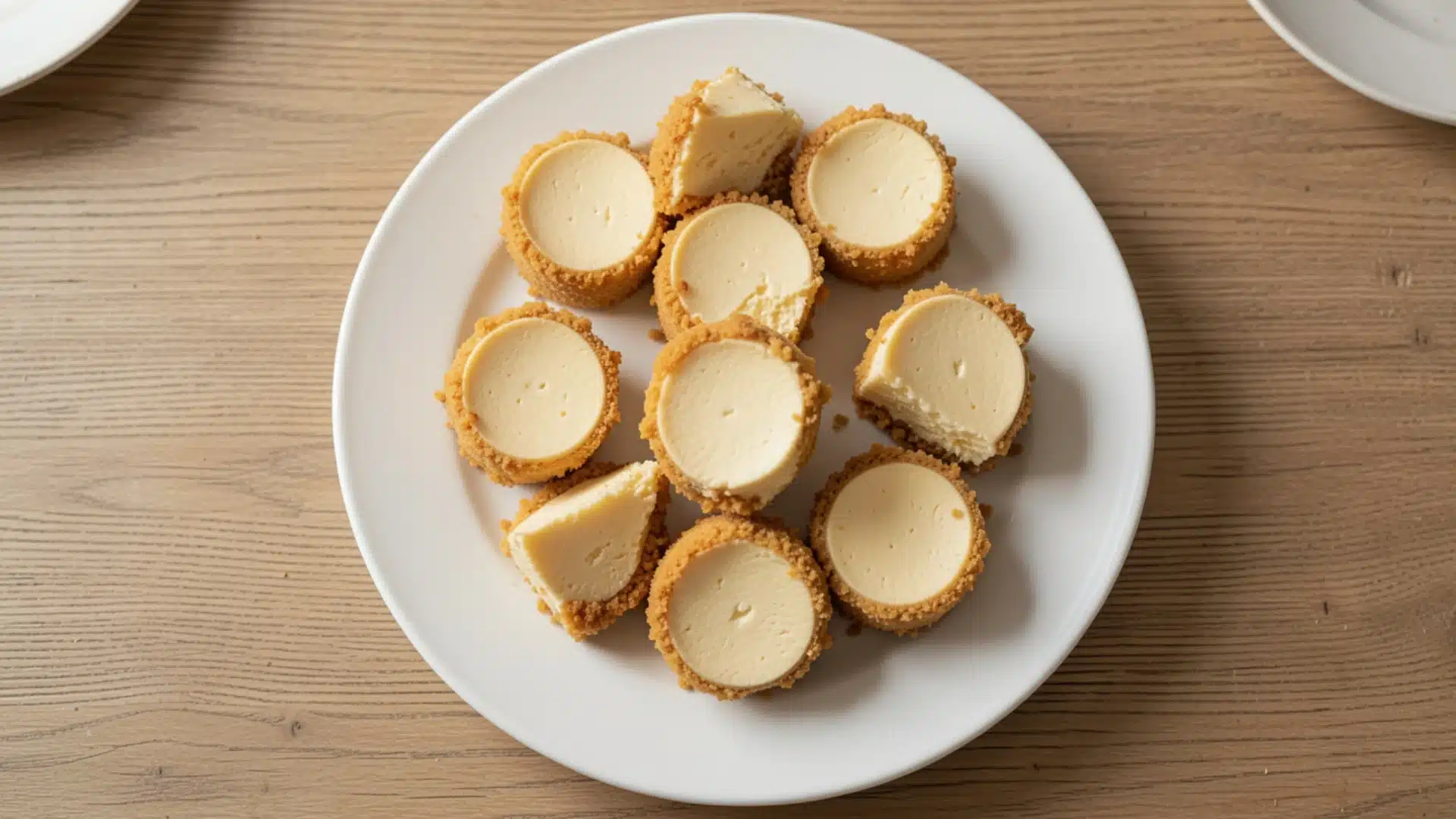 A white plate holds mini cheesecakes with crumbly crusts, neatly arranged on a wooden table