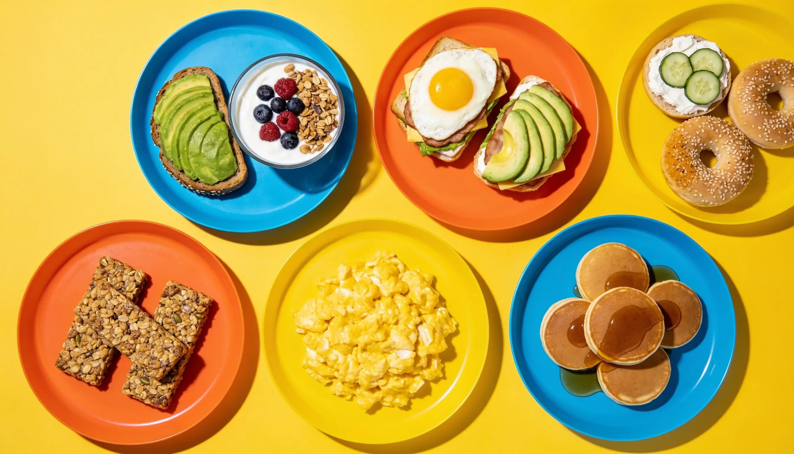 Six colorful plates displaying pancakes, scrambled eggs, granola bars, avocado toast with yogurt, a breakfast sandwich with a fried egg, and bagels with cream cheese and cucumber.