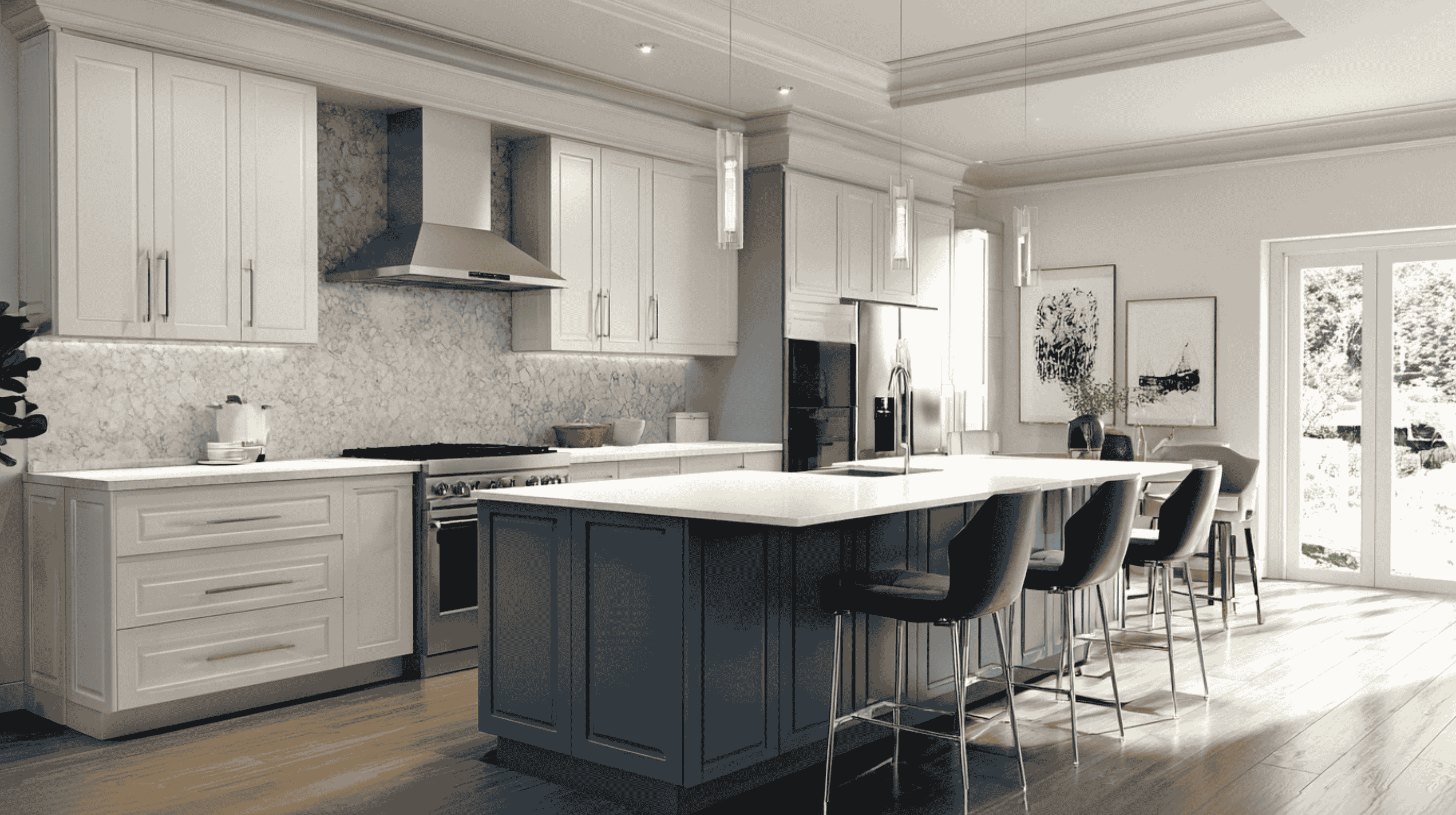 Modern kitchen with CNC Cabinets Richmond and Park Ave collections, featuring painted and stained finishes in white, cream, espresso, and gray.