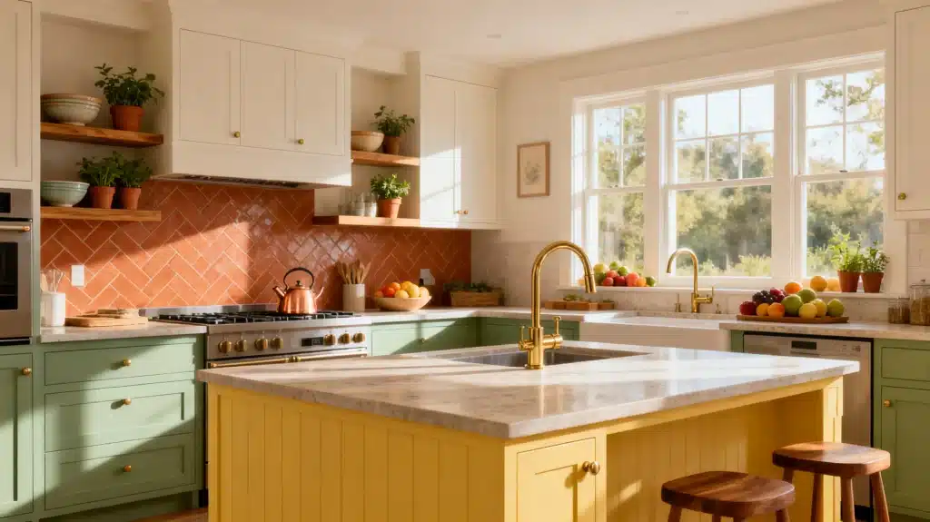 Bright kitchen with colorful cabinets, marble countertops, and fruit bowls by large windows