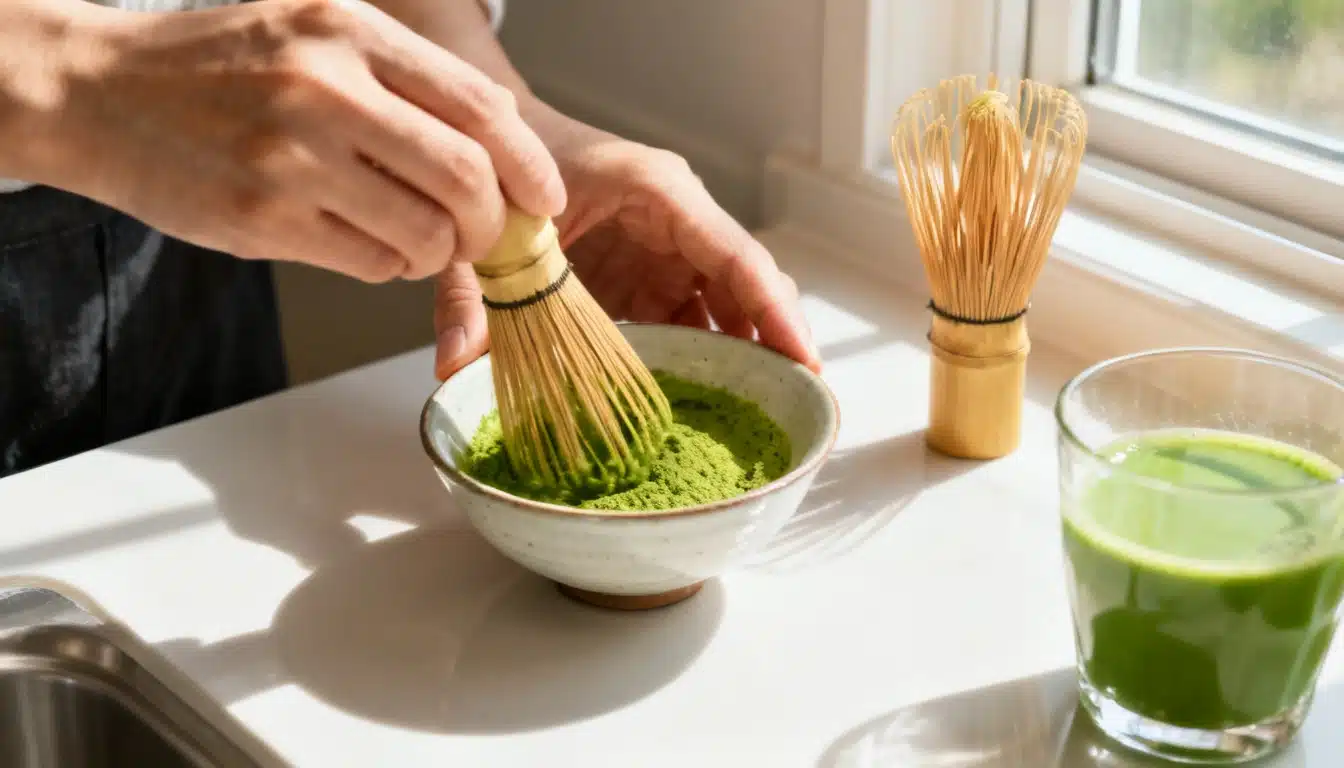 Hands whisking matcha powder in a bowl next to a glass of green tea and a chasen on a white counter.
