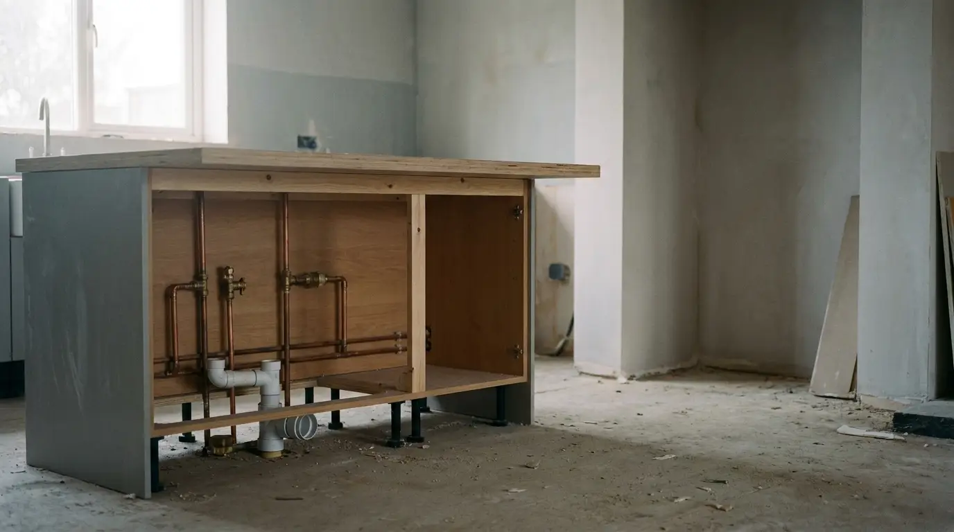 Exposed plumbing and wooden framework of kitchen island in under-construction room with bare walls