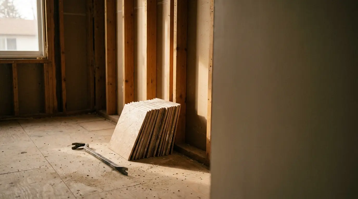 Stack of tiles and a crowbar on plywood floor in unfinished room with wooden studs