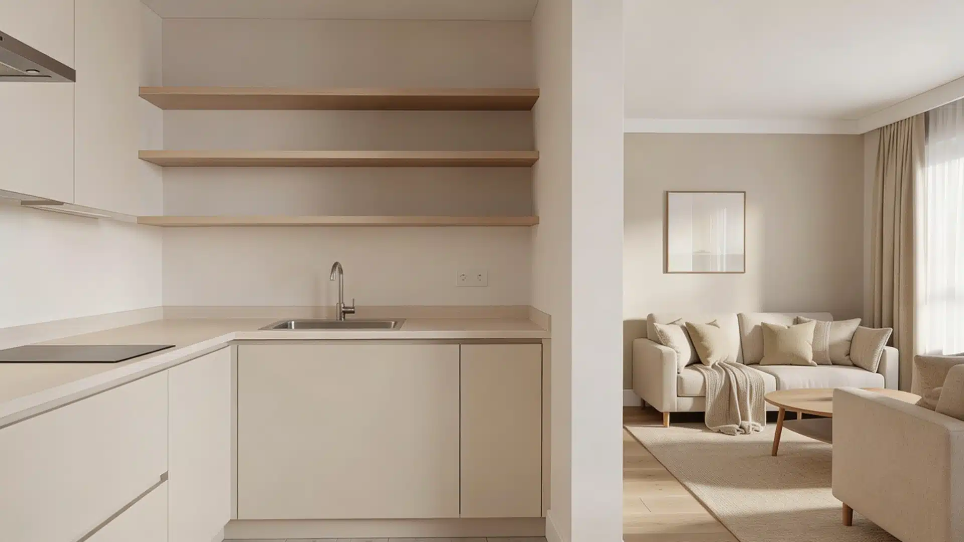Open concept kitchen and living room with open shelves and a sink. Living area features a sofa and an armchair