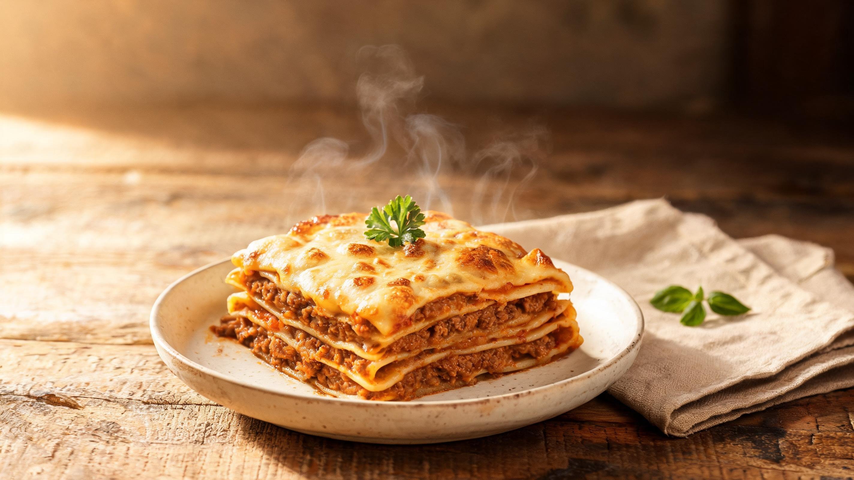Slice of lasagne alla Bolognese with layers of meat ragù and melted béchamel on a plate.
