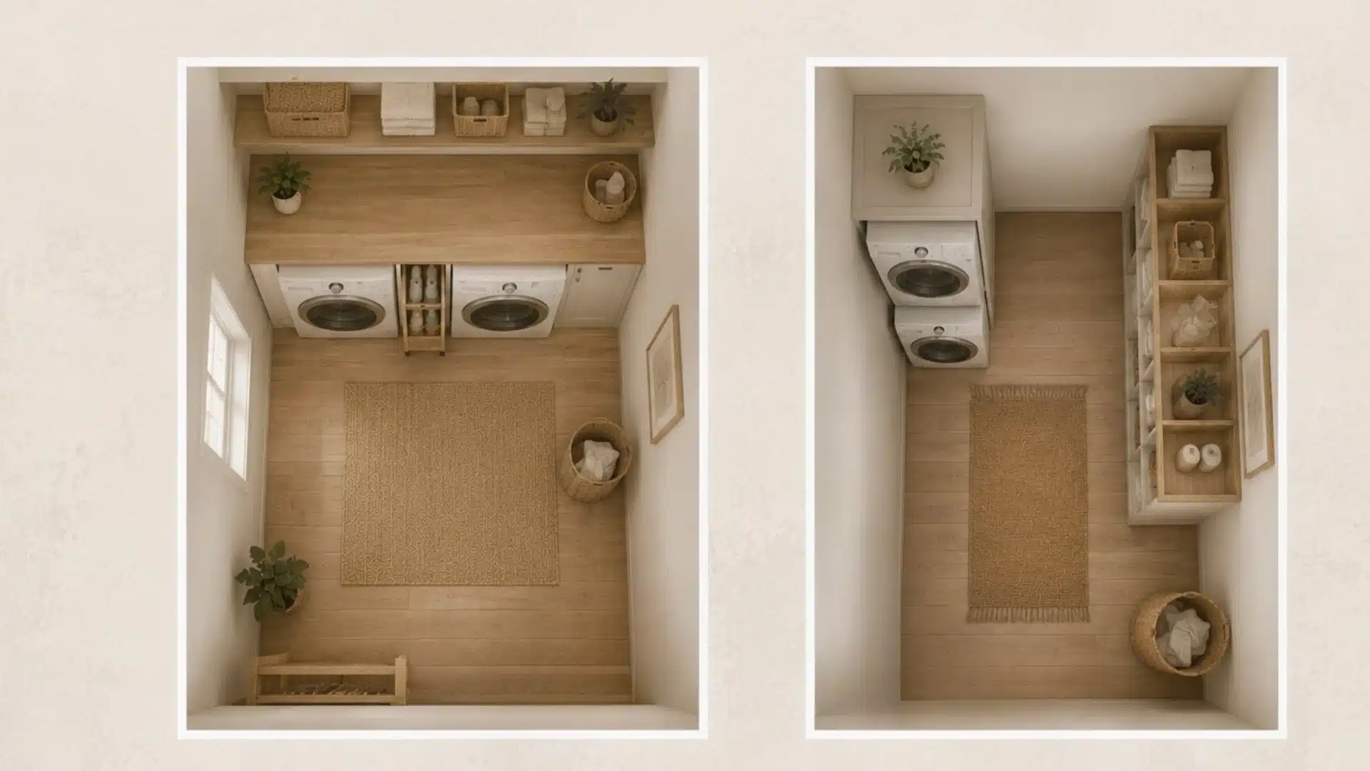 Top down view of two clean, modern laundry rooms with stacked and side by side washers and dryers layouts