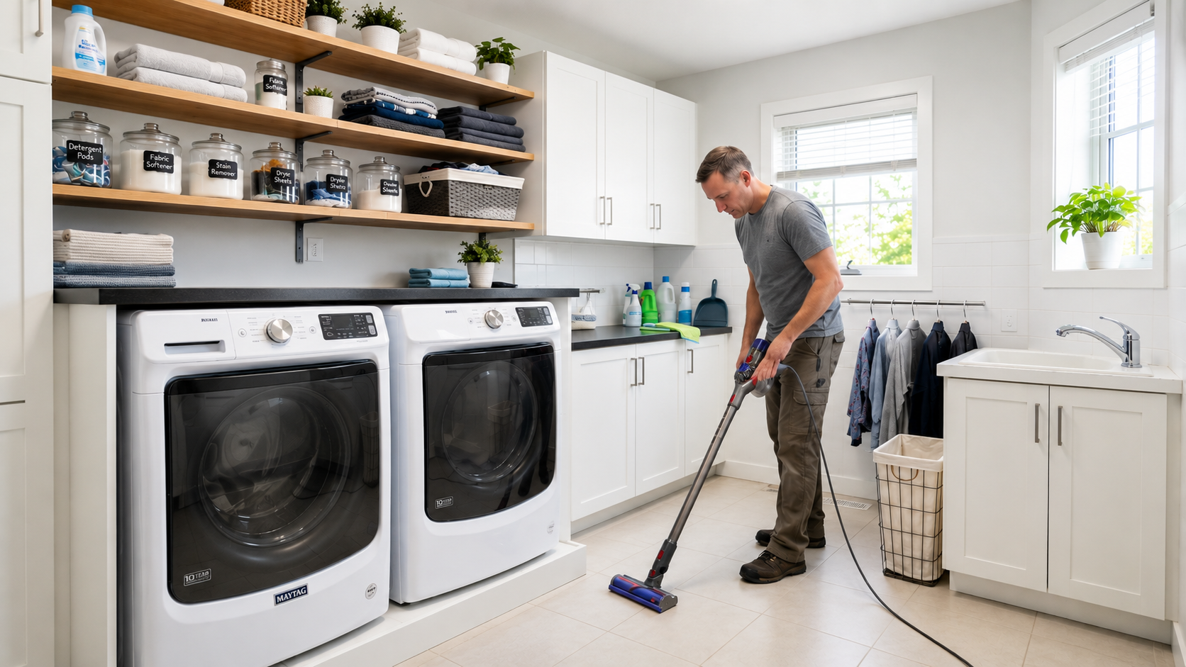Modern laundry room with front-load washer and dryer, organized shelves, bright natural light, and man vacuuming floor.