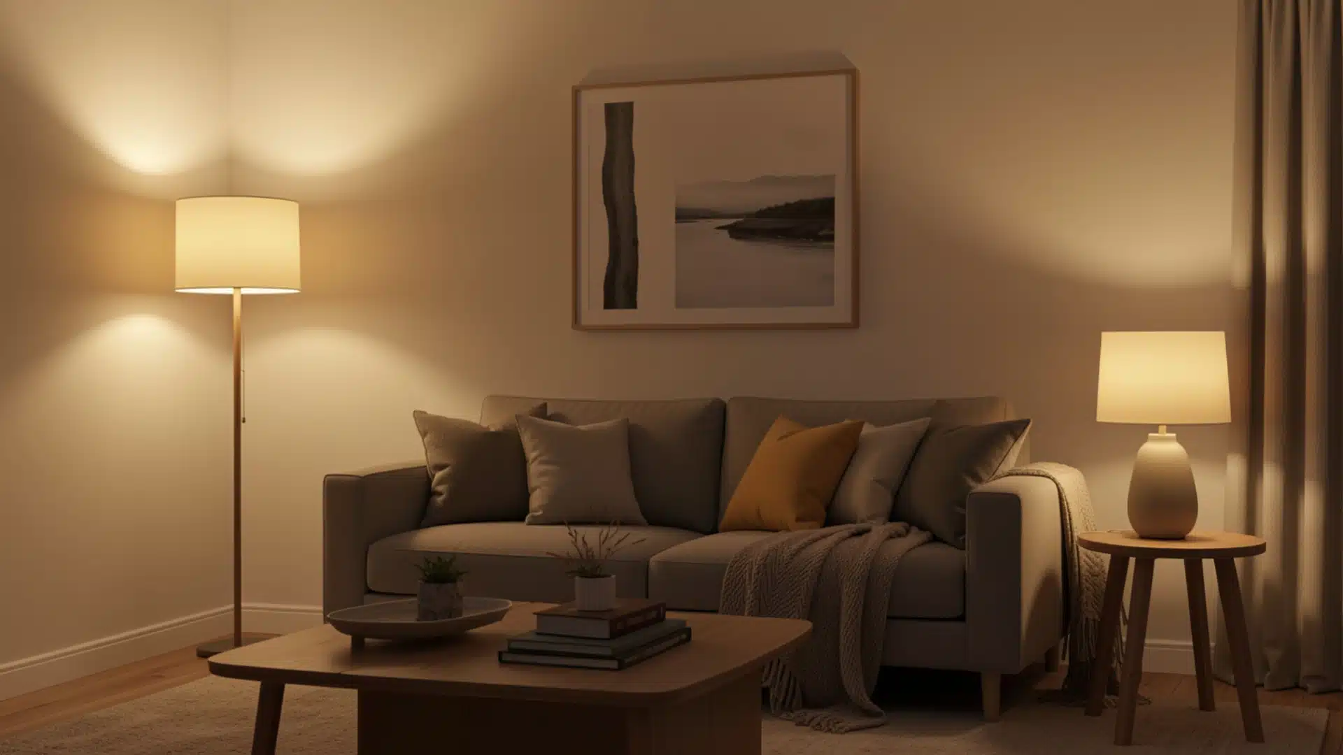 A well-furnished living room showcasing a comfortable couch, a stylish lamp, and a decorative table.