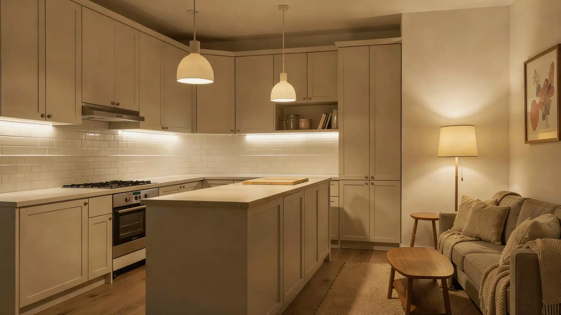 Open concept kitchen and living room with layered lighting, two pendant lights over an island, sofa, lamp, and artwork