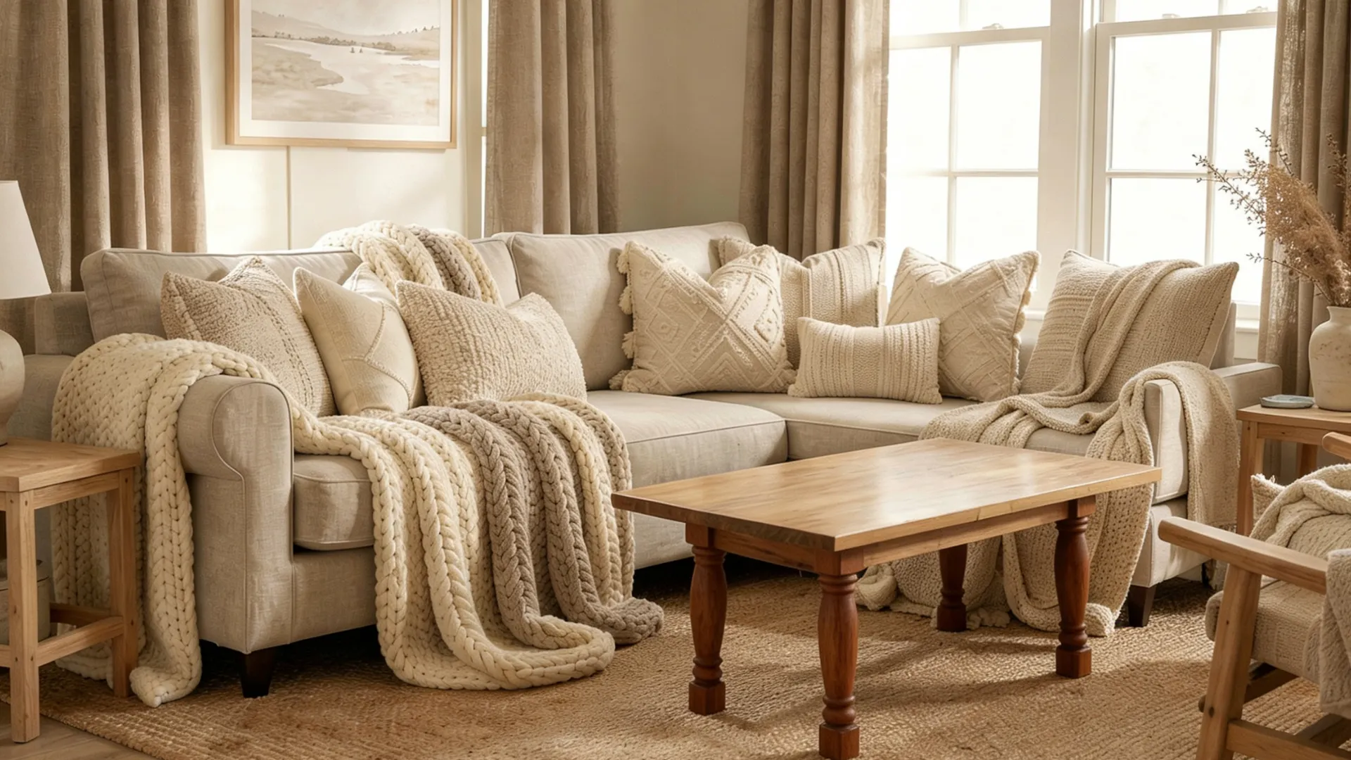 A sectional sofa is adorned with textured throw pillows and thick knit blankets, showcasing layered textiles