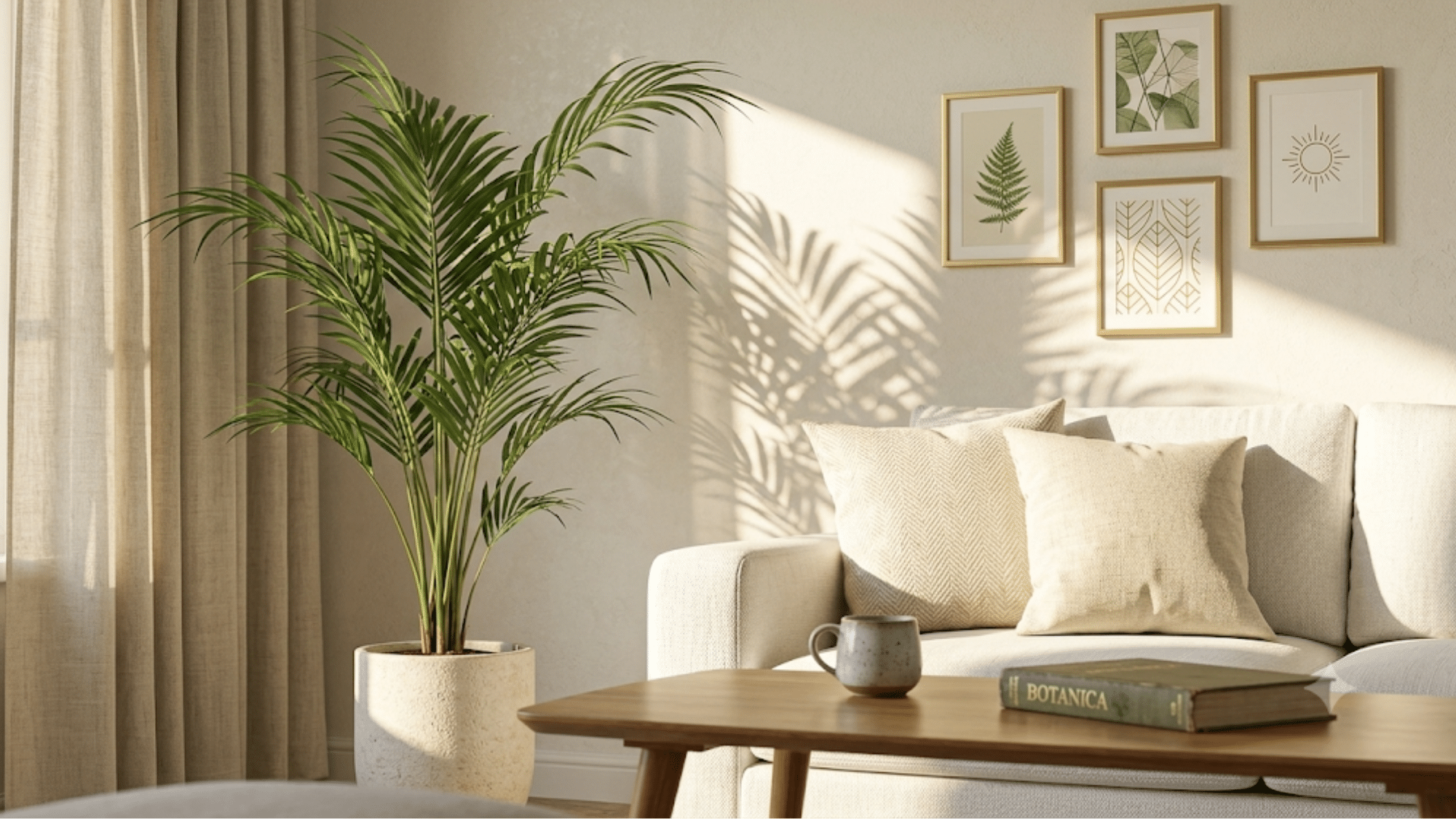 Bright minimalist living room with a cream sofa, palm plant, wooden coffee table, and botanical wall art