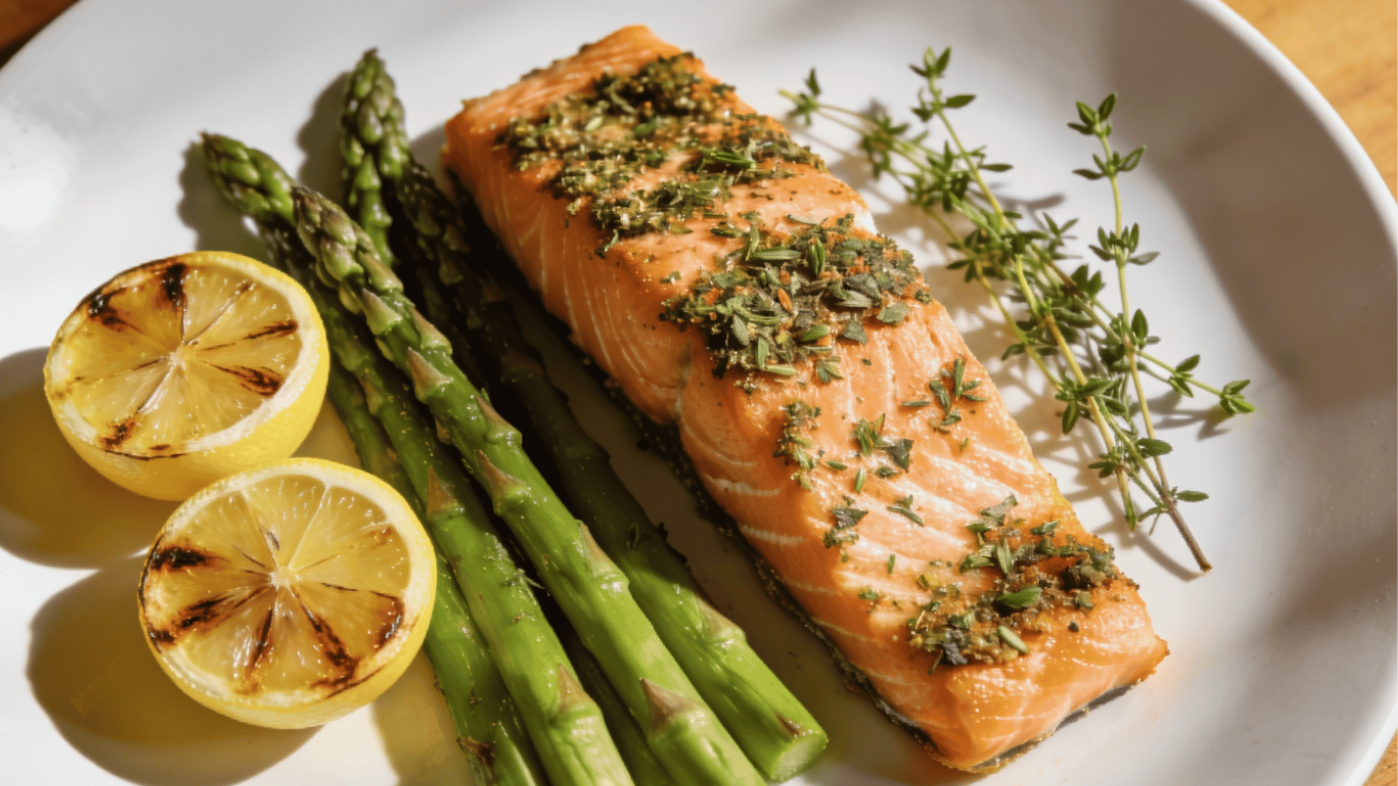 Lemon herb baked salmon fillets with fresh parsley garnish.