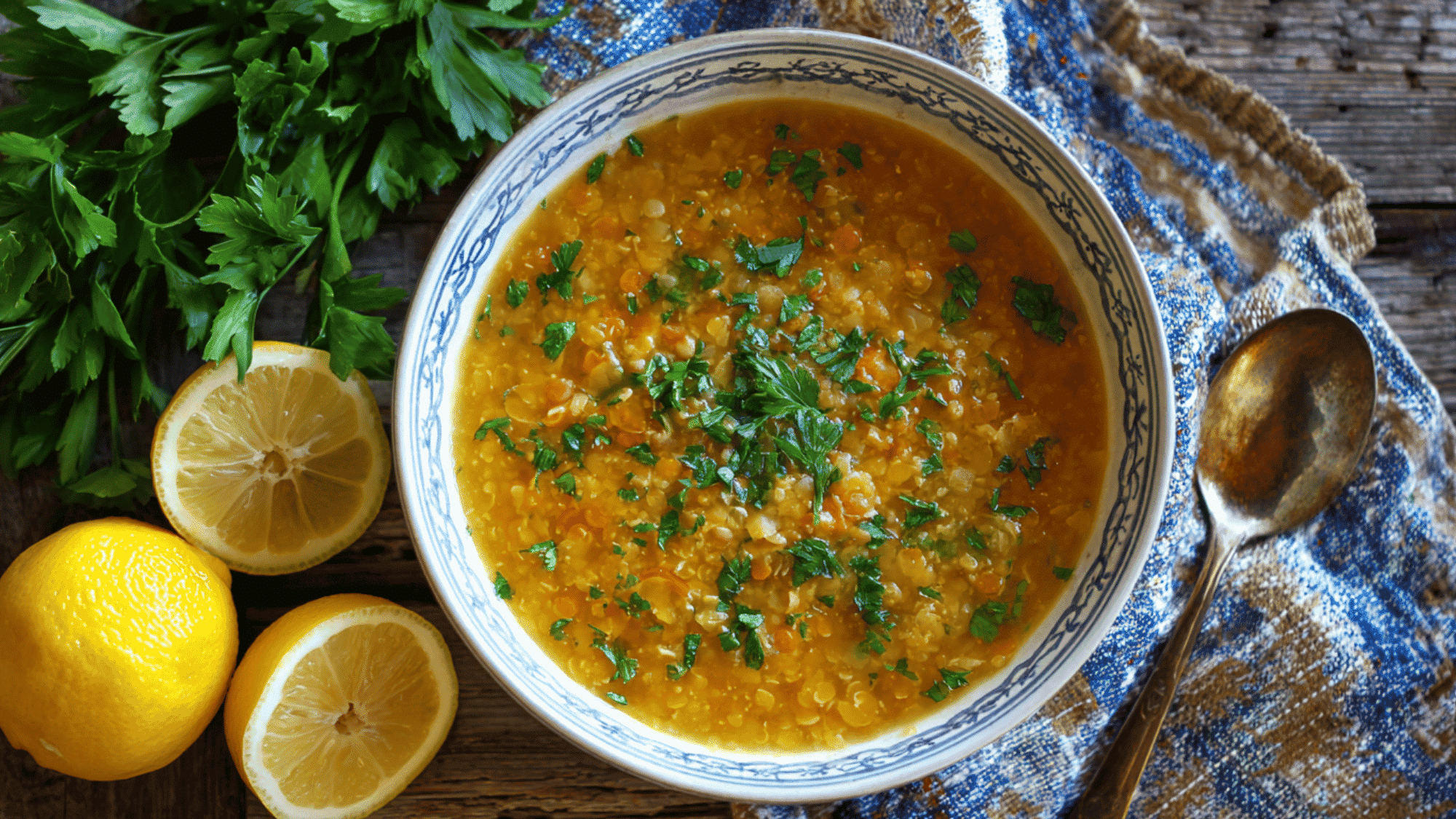 A comforting bowl of lemon herb lentil soup in a meal prep container, garnished with fresh parsley and red pepper flakes.