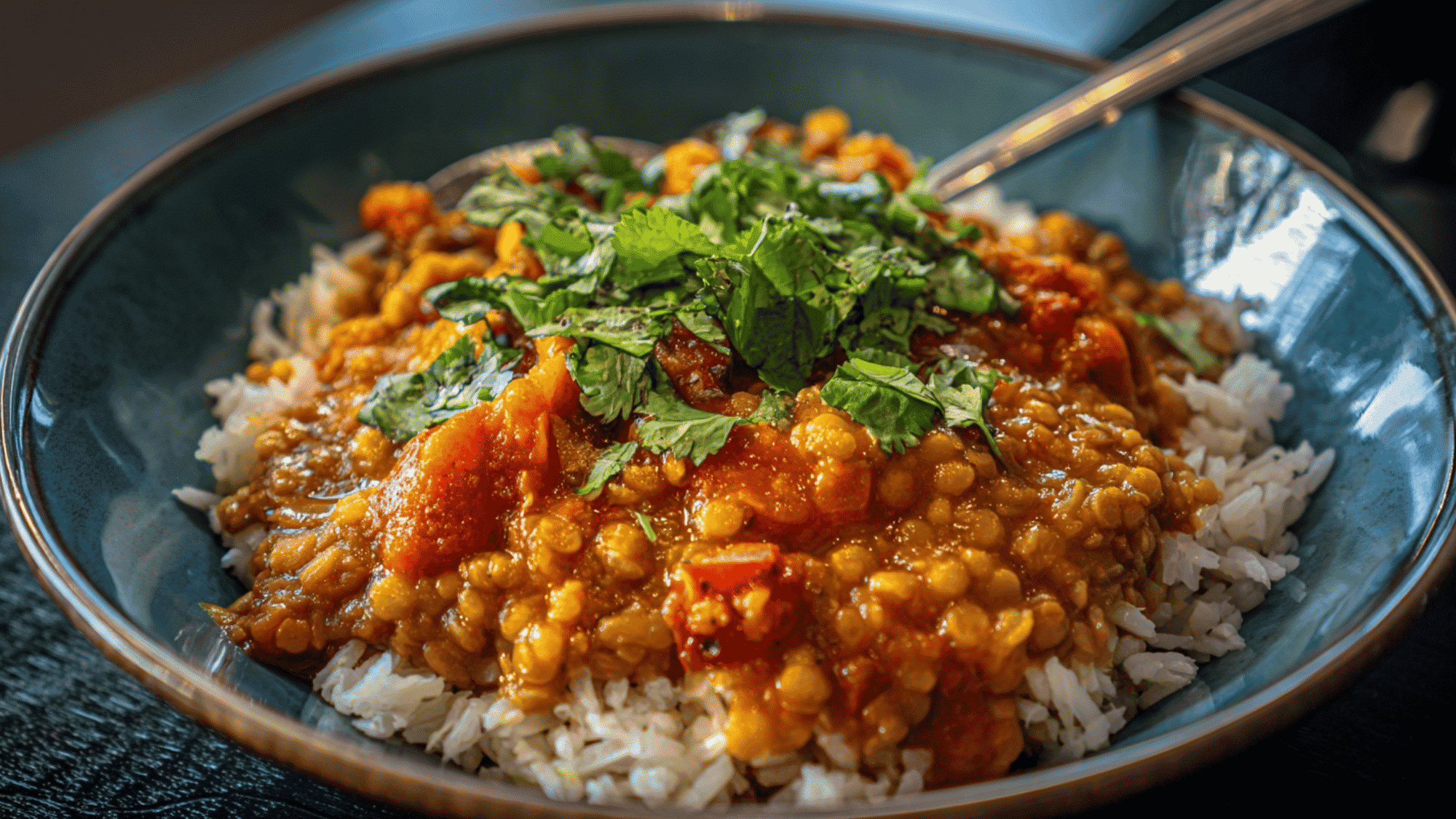 A warm bowl of slow cooker lentil curry, thick and richly seasoned with cumin and curry powder, served fresh from the pot.