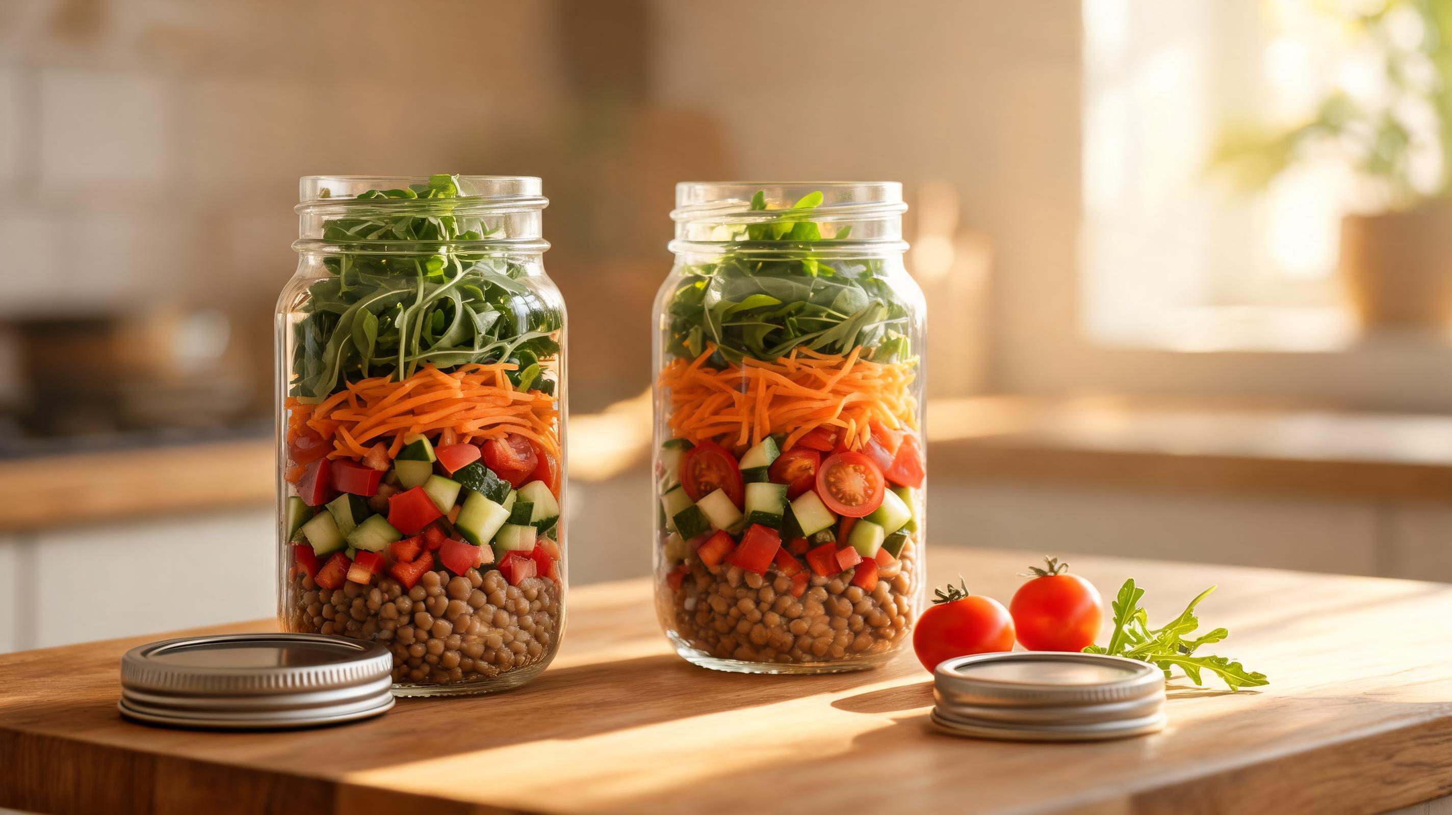 Layered lentil salad jars with crisp greens, veggies, and dressing.