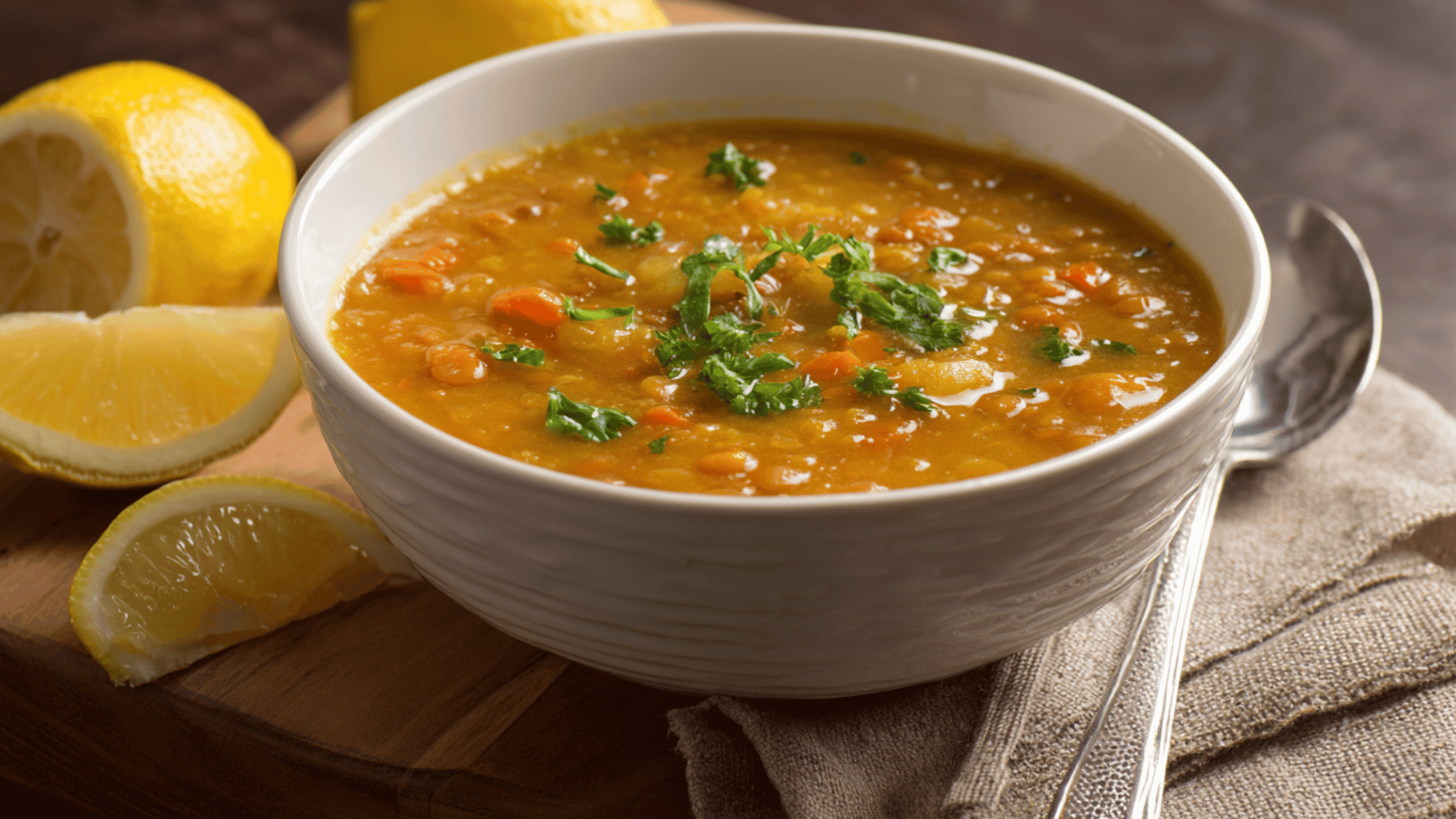 A warm bowl of thick red lentil soup blended to a rich texture, garnished with fresh chopped parsley and a squeeze of fresh lemon.