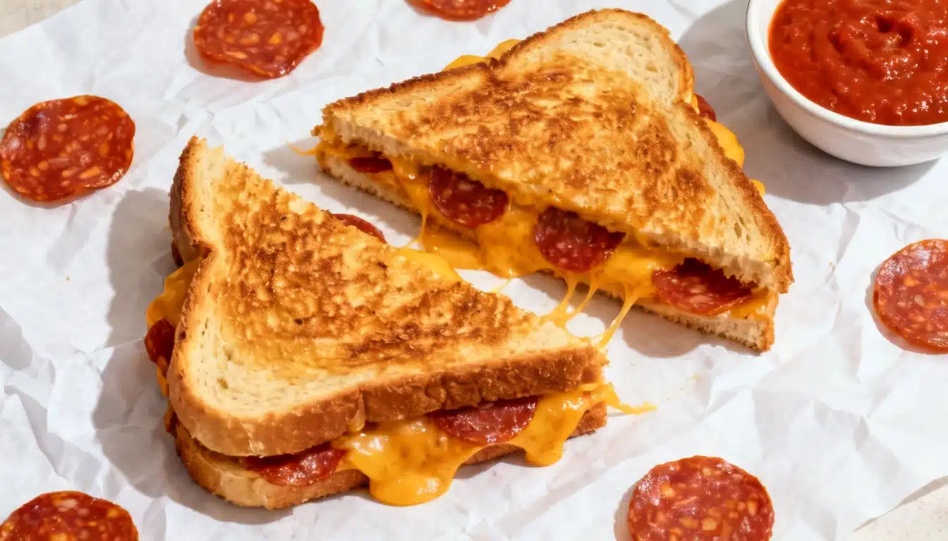 A grilled cheese sandwich filled with melted cheese and topped with slices of pepperoni.