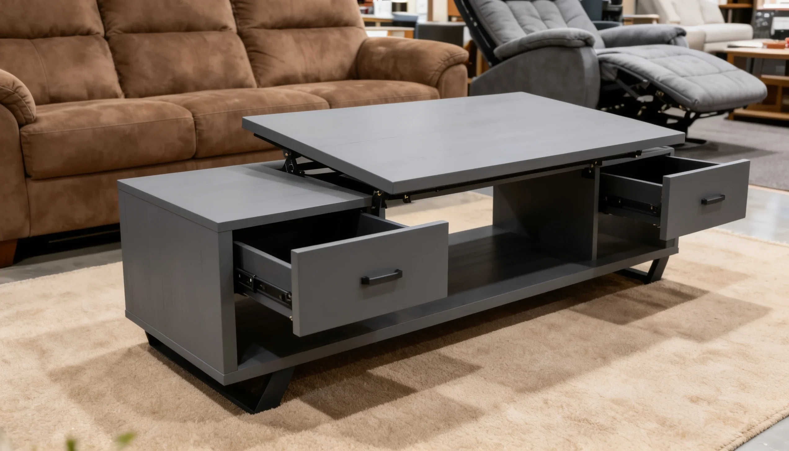 A modern gray lift-top coffee table with open drawers sits on a beige rug in front of a brown sofa.