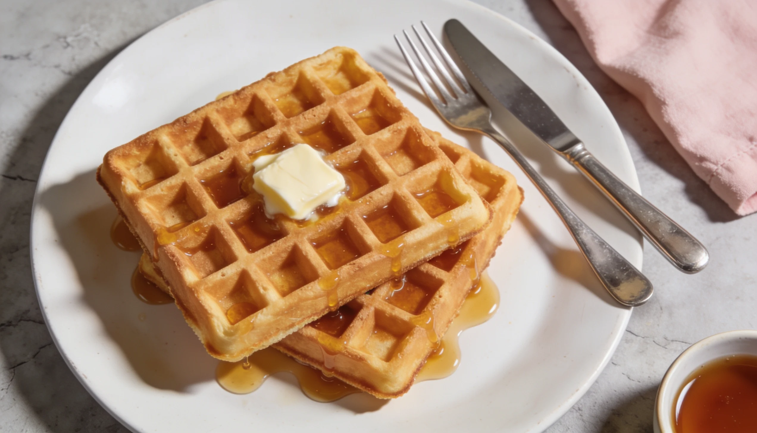 Stack of golden-brown waffles with a pat of butter and syrup on a white plate, with a fork and knife.