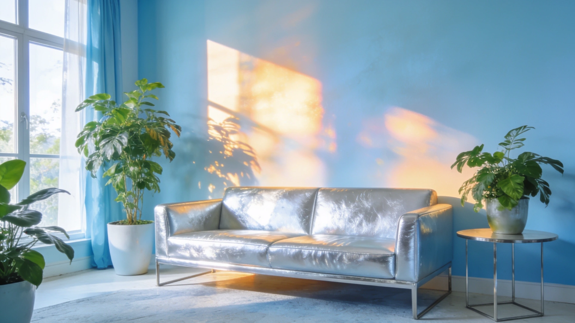 A silver sofa sits next to a window with blue curtains, illuminated by warm sunlight casting shadows on a blue wall.