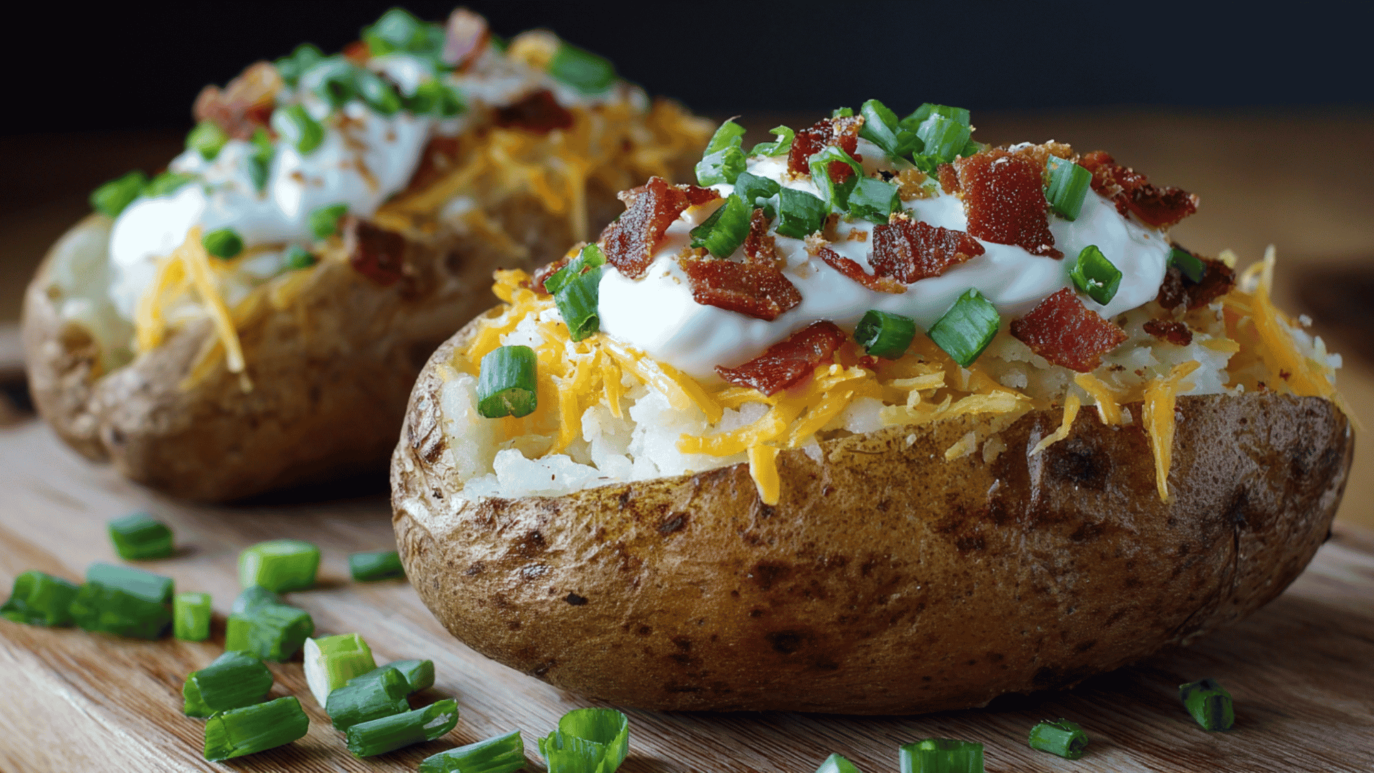 A hot baked potato loaded with melted cheddar, crisp bacon, and sour cream.