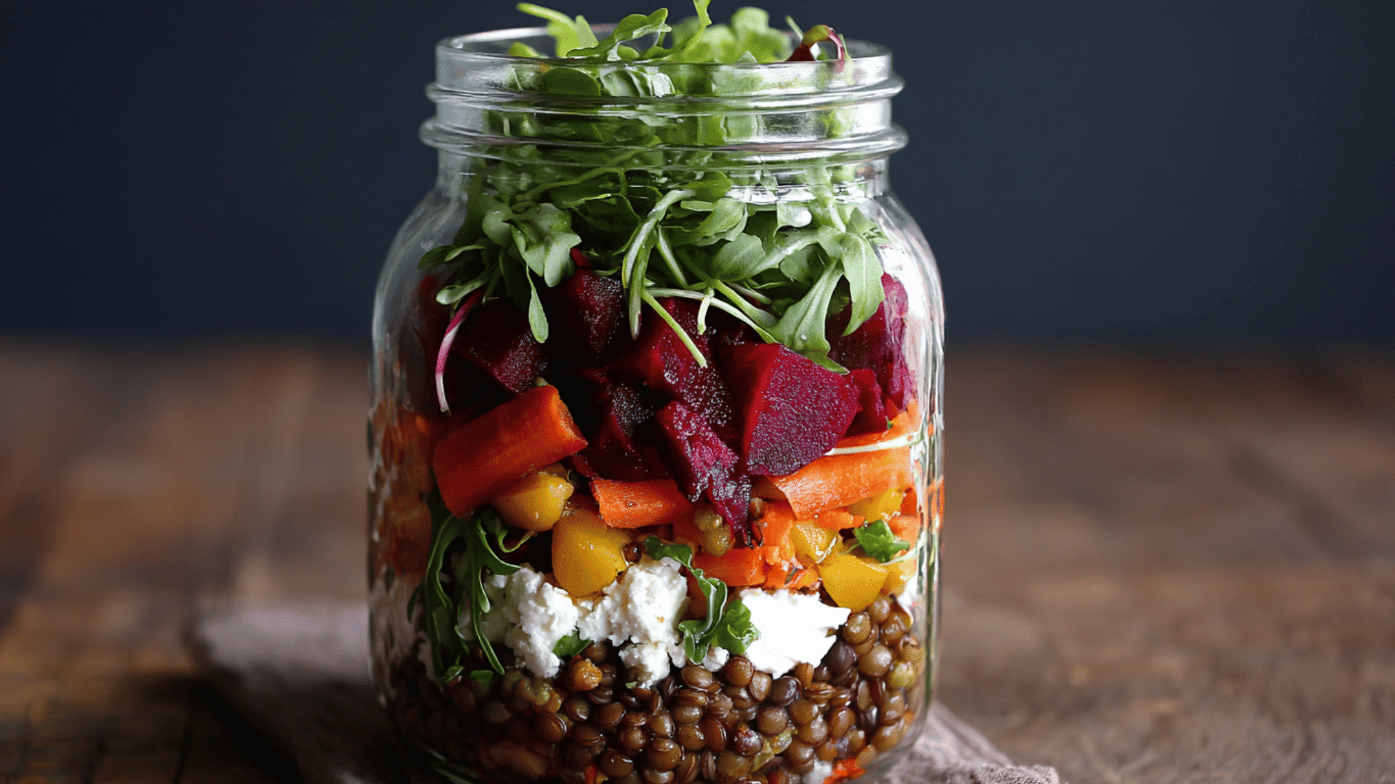 A high-fiber, layered mason jar salad featuring a base of lemon tahini dressing, followed by green lentils, roasted beets, shredded carrots, fresh arugula, and crumbled goat cheese.