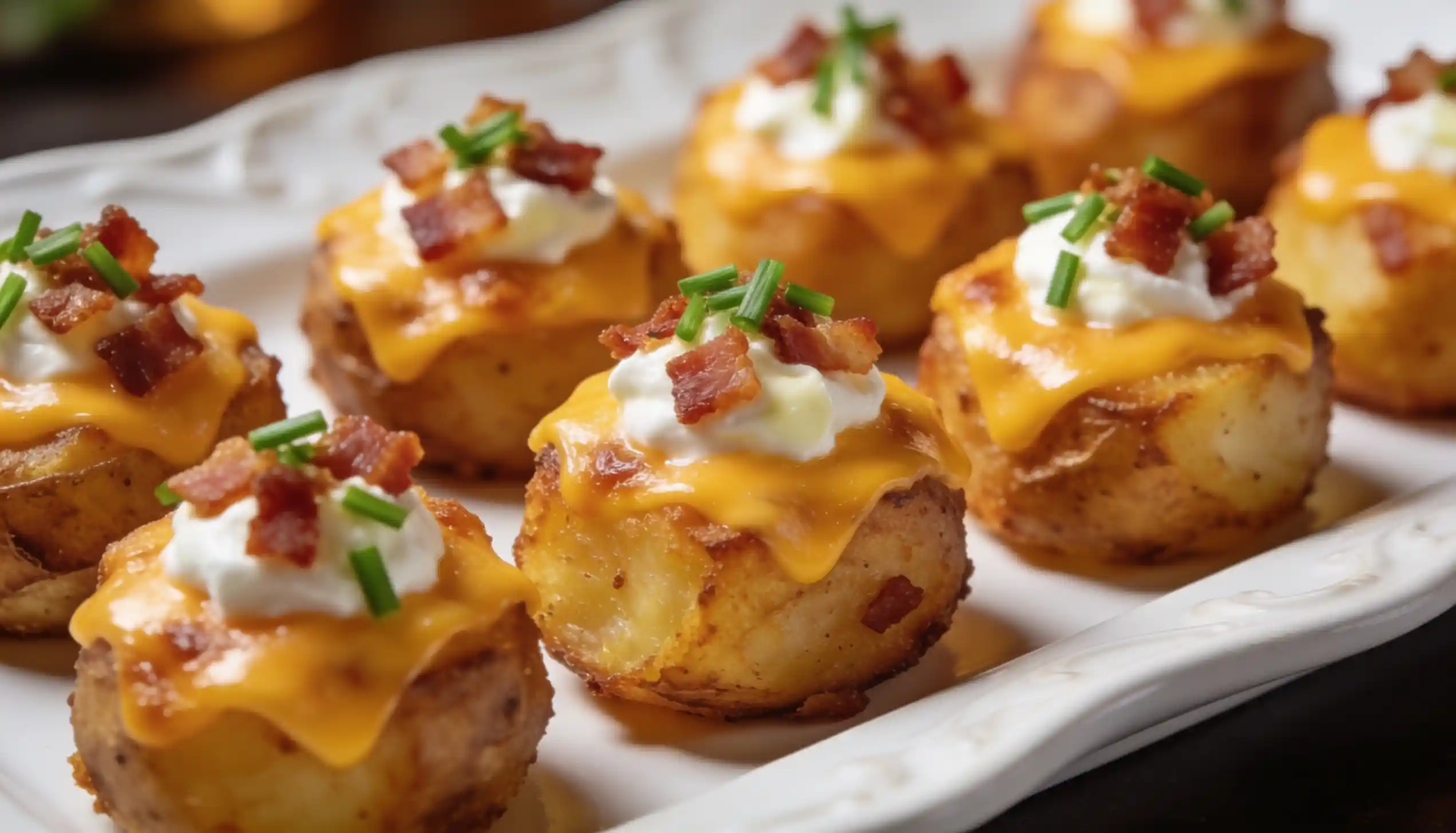 Mini baked potatoes topped with melted cheese, sour cream, crispy bacon, and chives.