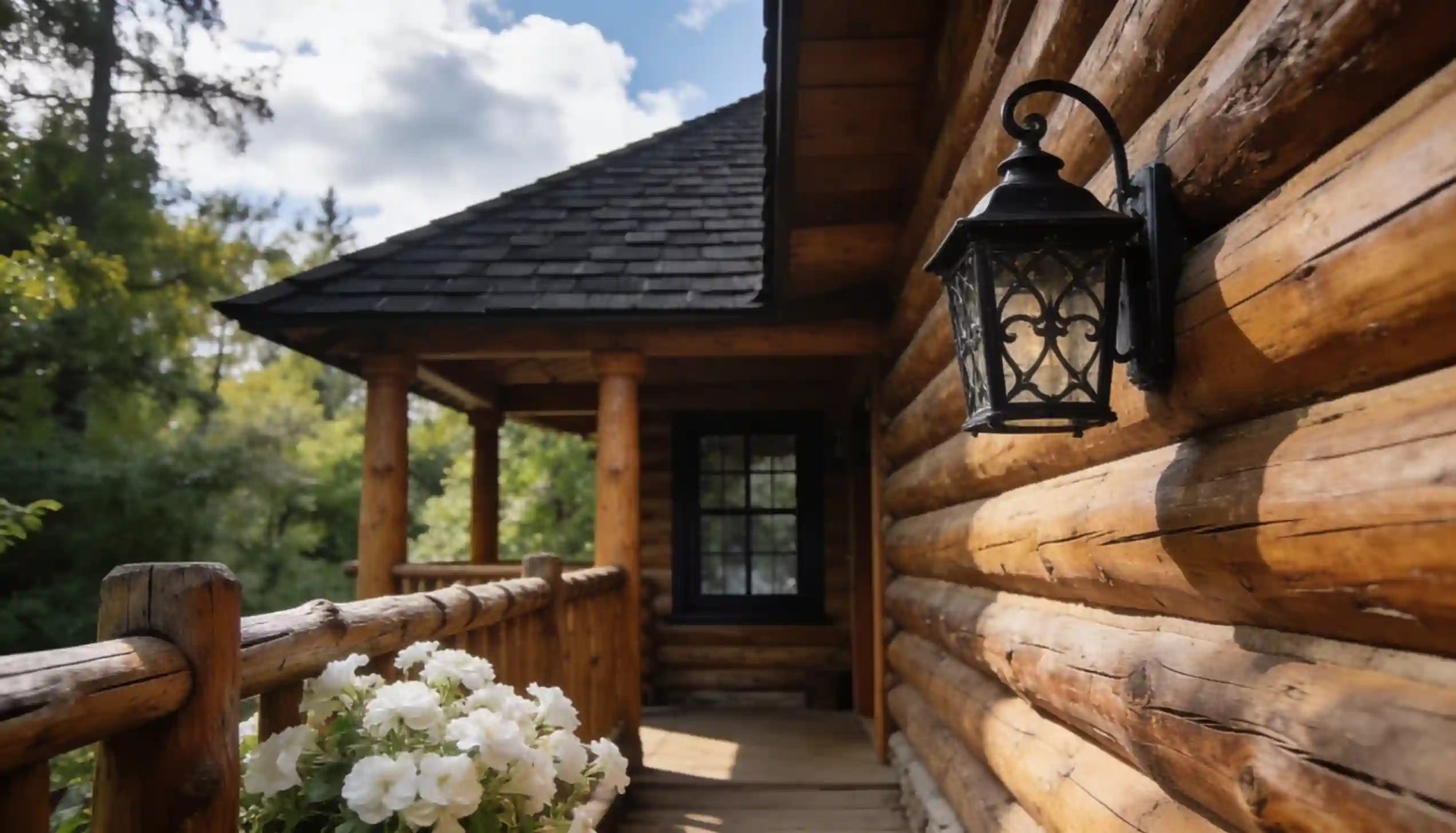 Exterior view of a rustic log cabin entrance with a wooden porch, railing, and a black lantern attached to the log wall.