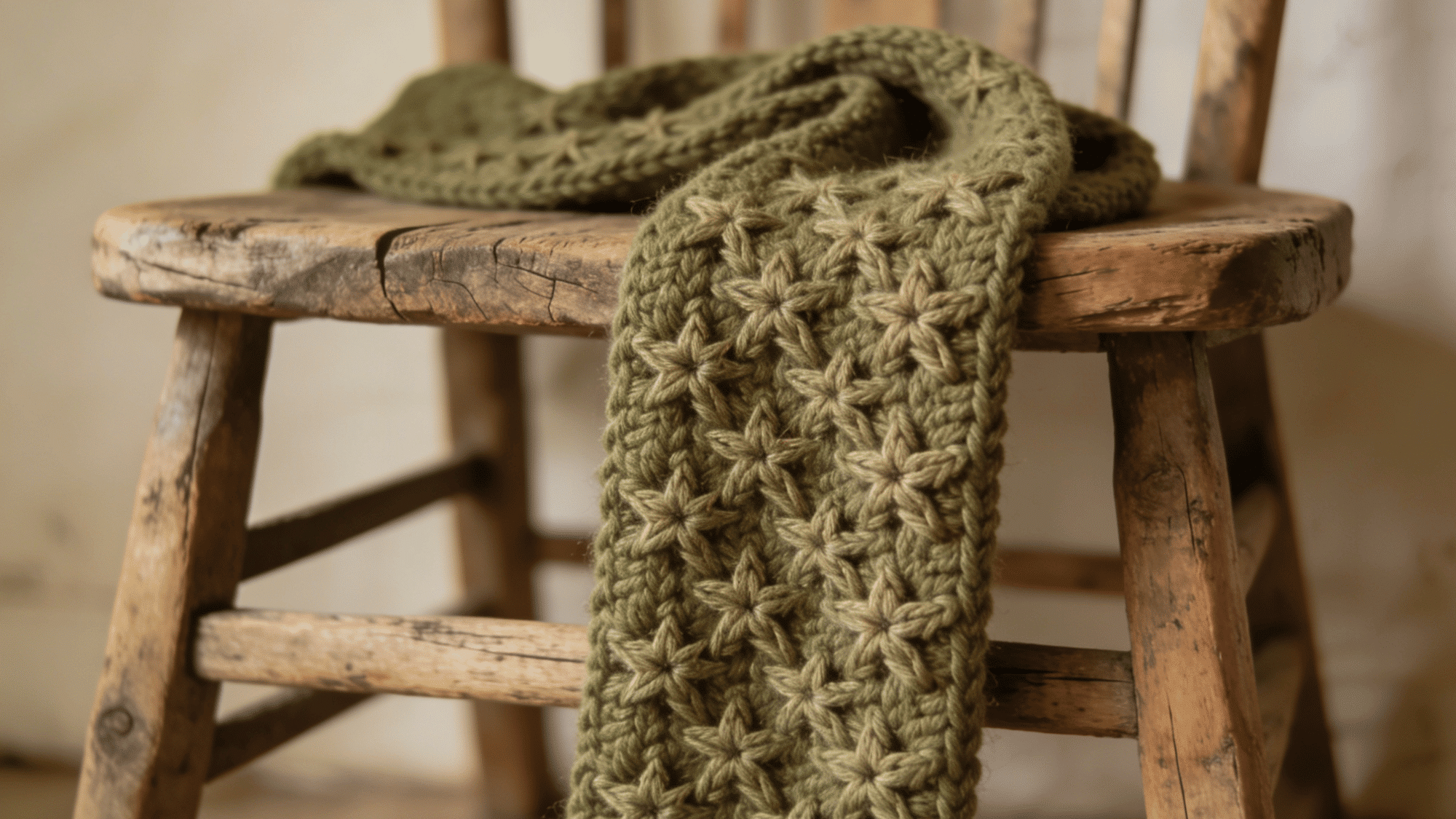 long crochet scarf with visible star stitch texture, draped over a wooden chair