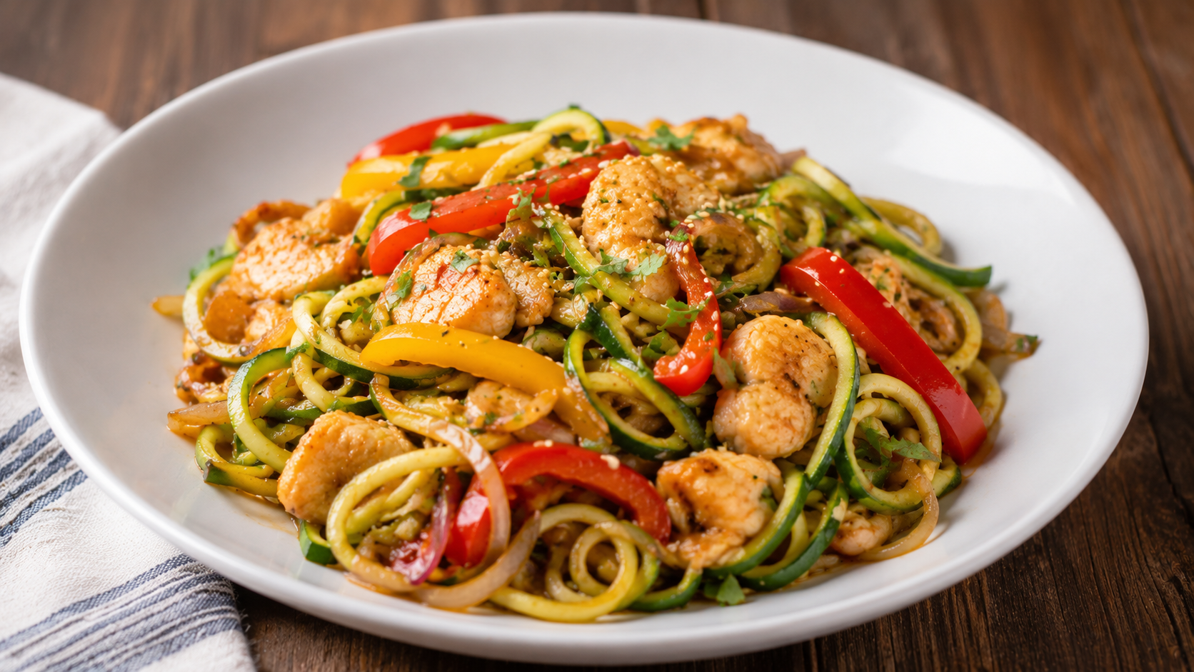 Zucchini noodle stir-fry with chicken, bell peppers, and onions in a white bowl on a wooden table.