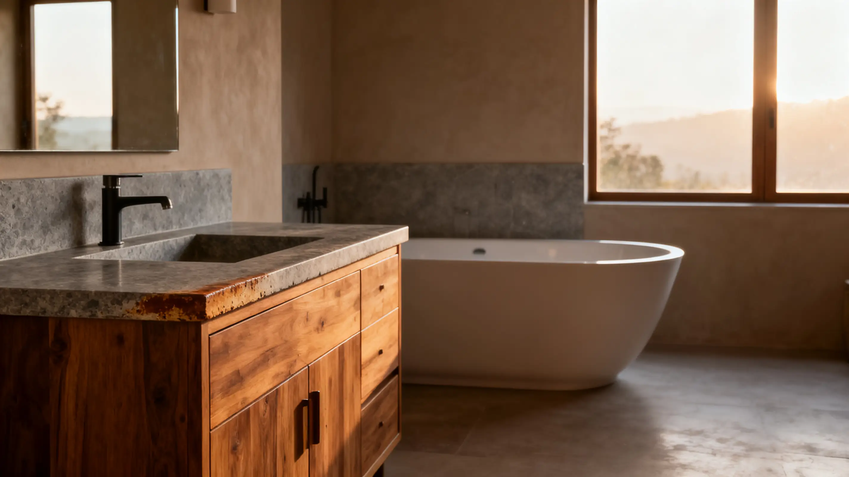 Modern bathroom interior with wooden vanity, stone countertop, and freestanding tub in natural light