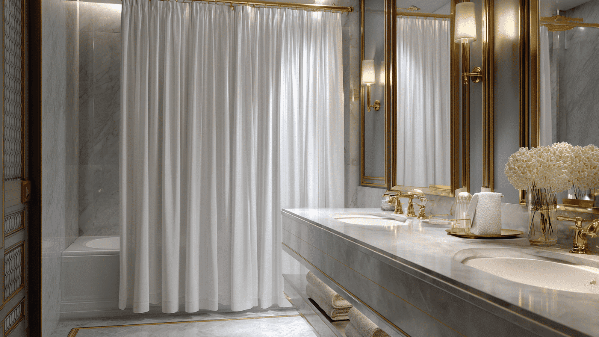 luxury white hotel-style shower curtain in an elegant spa-inspired bathroom