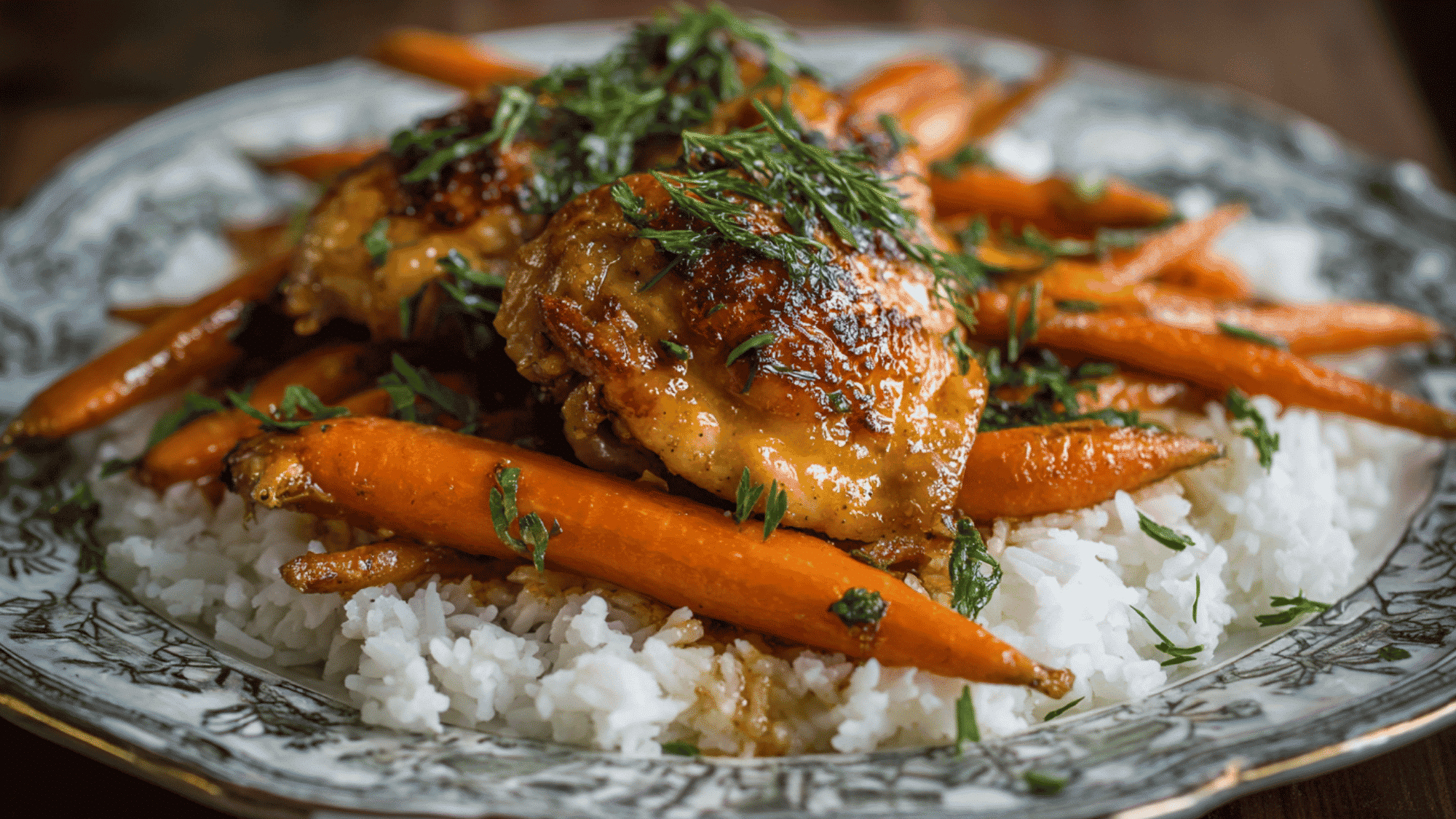 Tender chicken thighs and sliced carrots cooking in a sweet and tangy glaze of maple syrup and Dijon mustard inside a slow cooker.