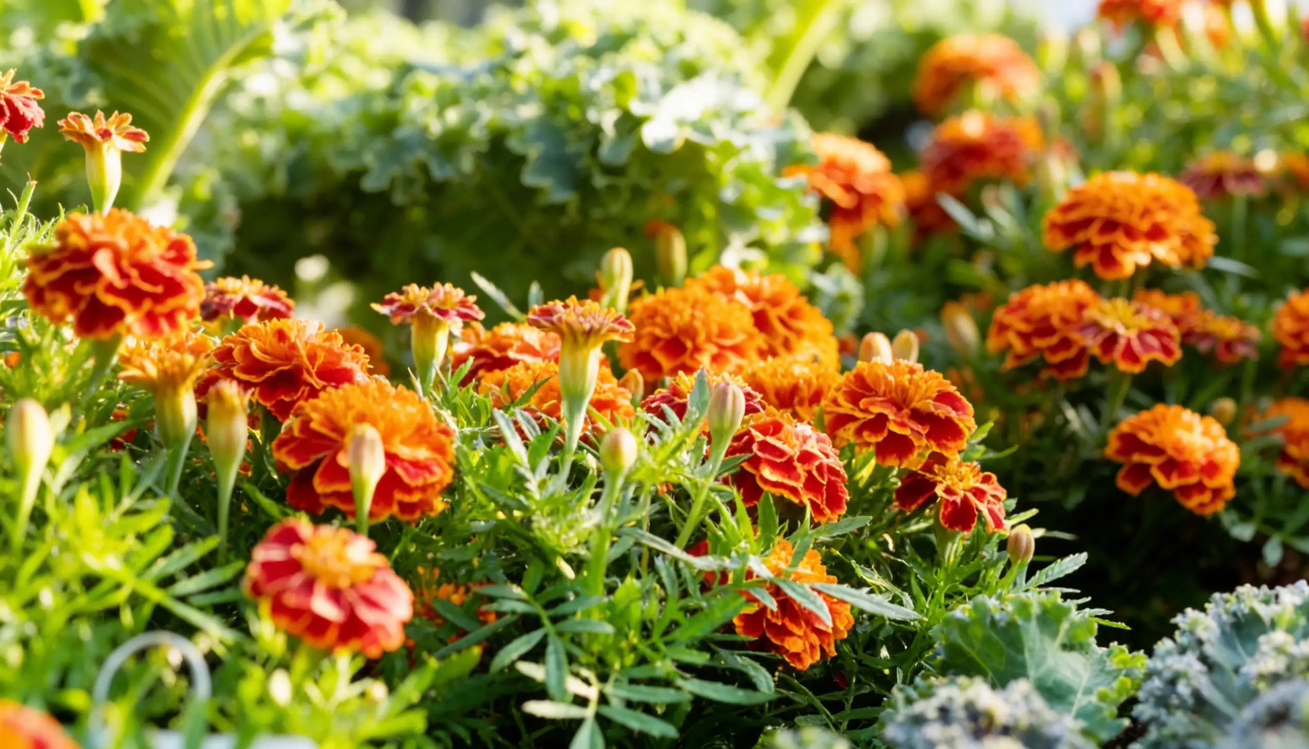 A close-up view of bright orange and red marigolds with green foliage in a garden.