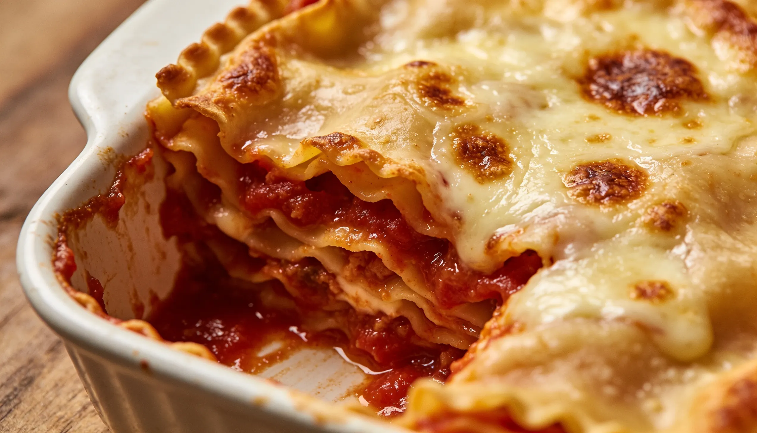 Close-up of a baked lasagna in a white dish with a serving removed, showing layers of pasta, tomato sauce, and melted cheese.