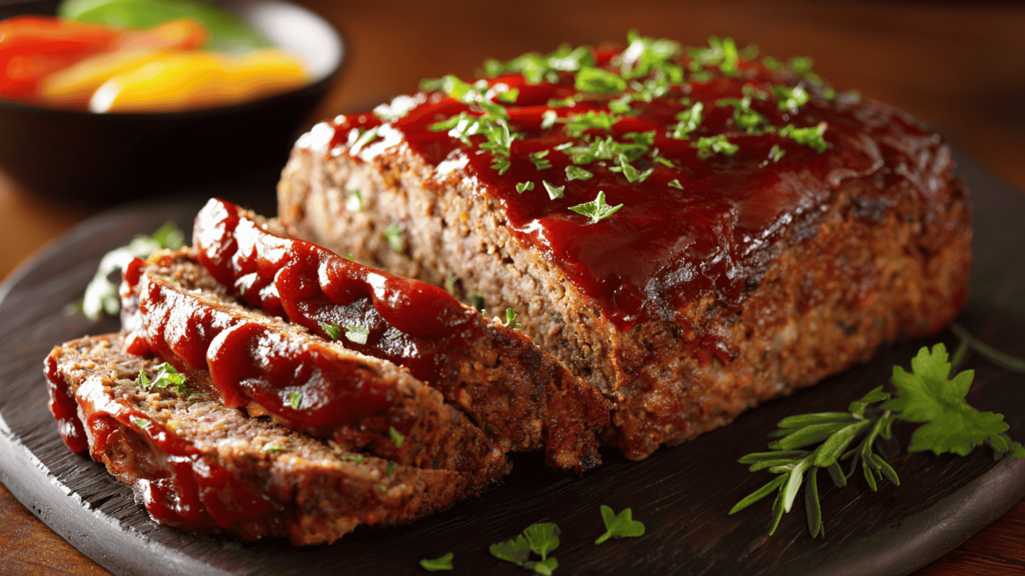 Slices of classic homemade meatloaf with a rich tomato glaze served warm.
