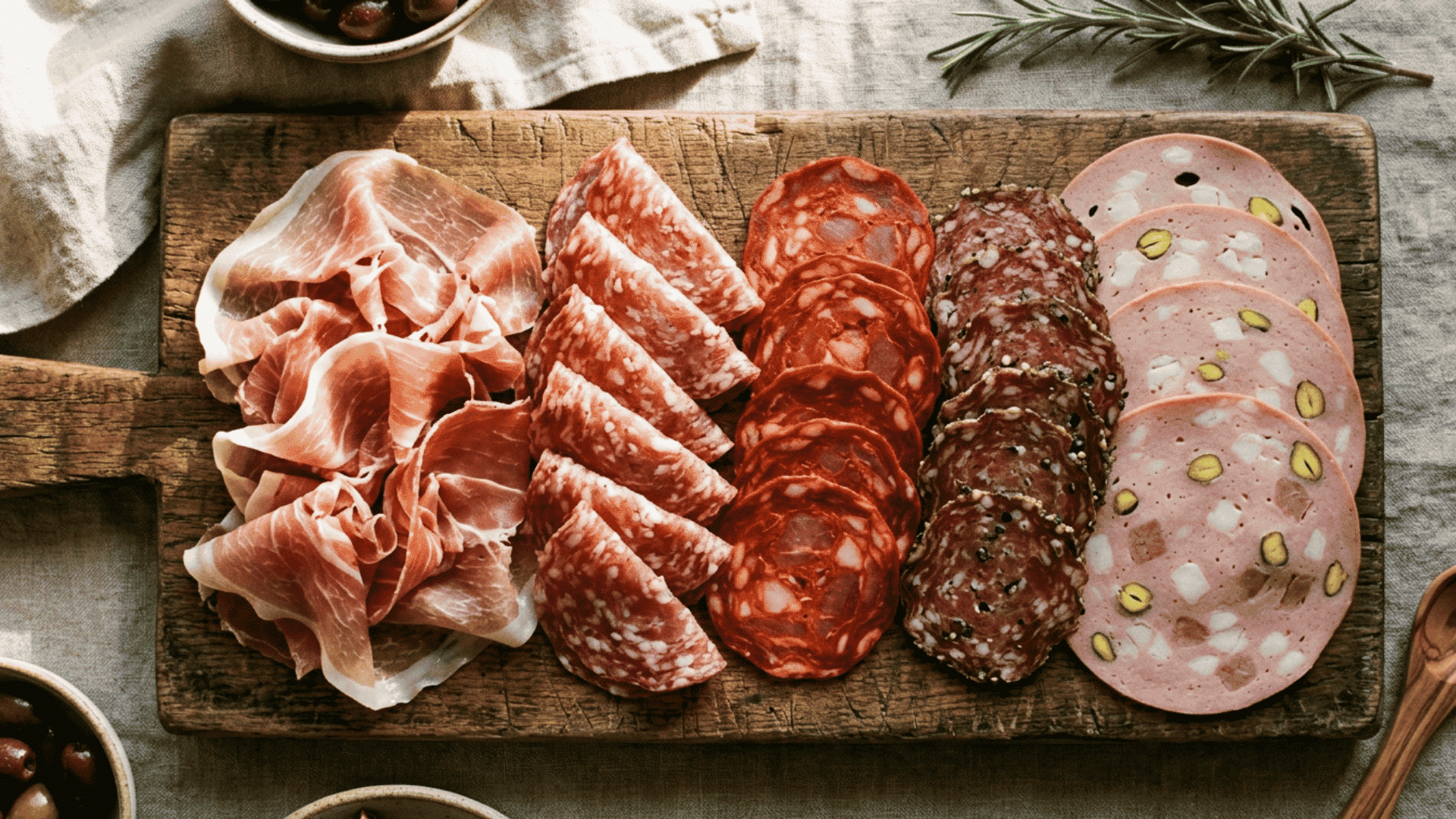 Prosciutto salami chorizo soppressata mortadella fanned on board