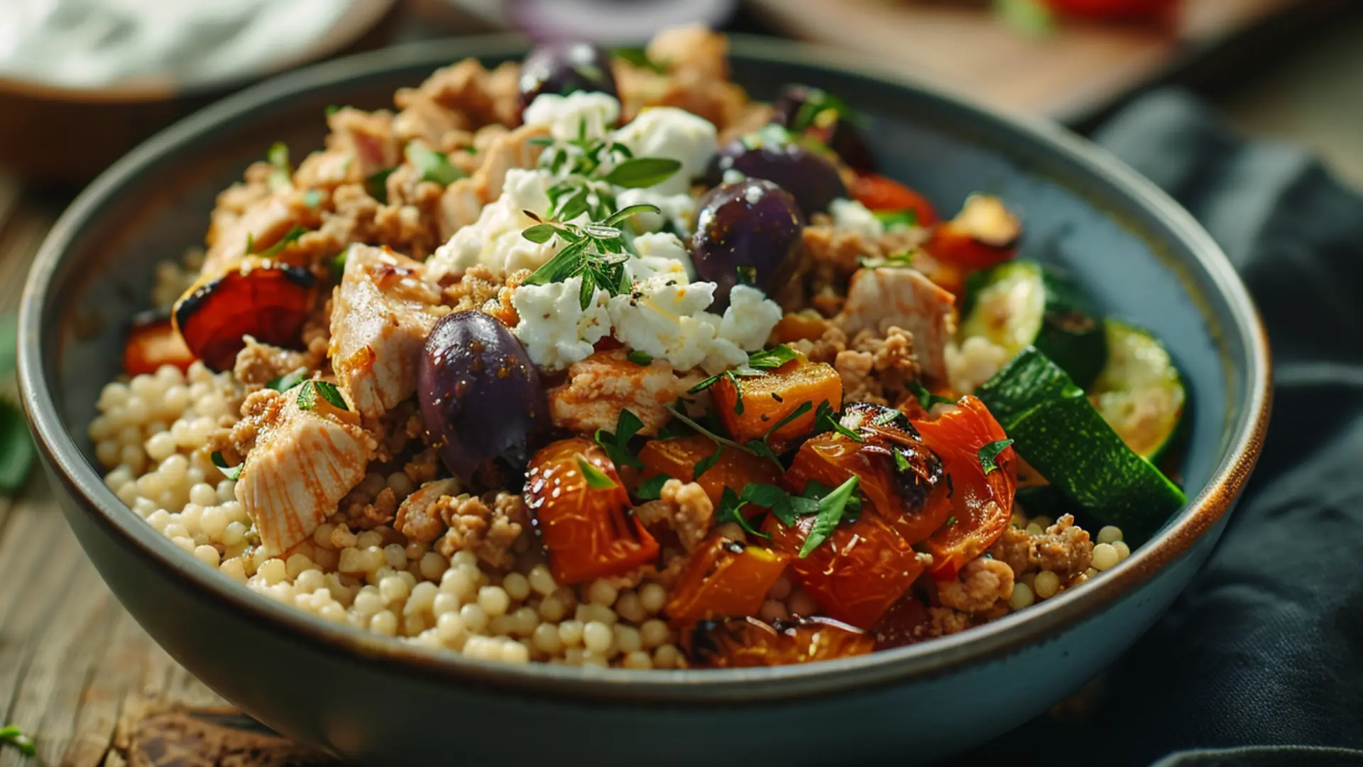 Center focused Mediterranean ground chicken bowl served over couscous or brown rice with roasted vegetables olives and feta