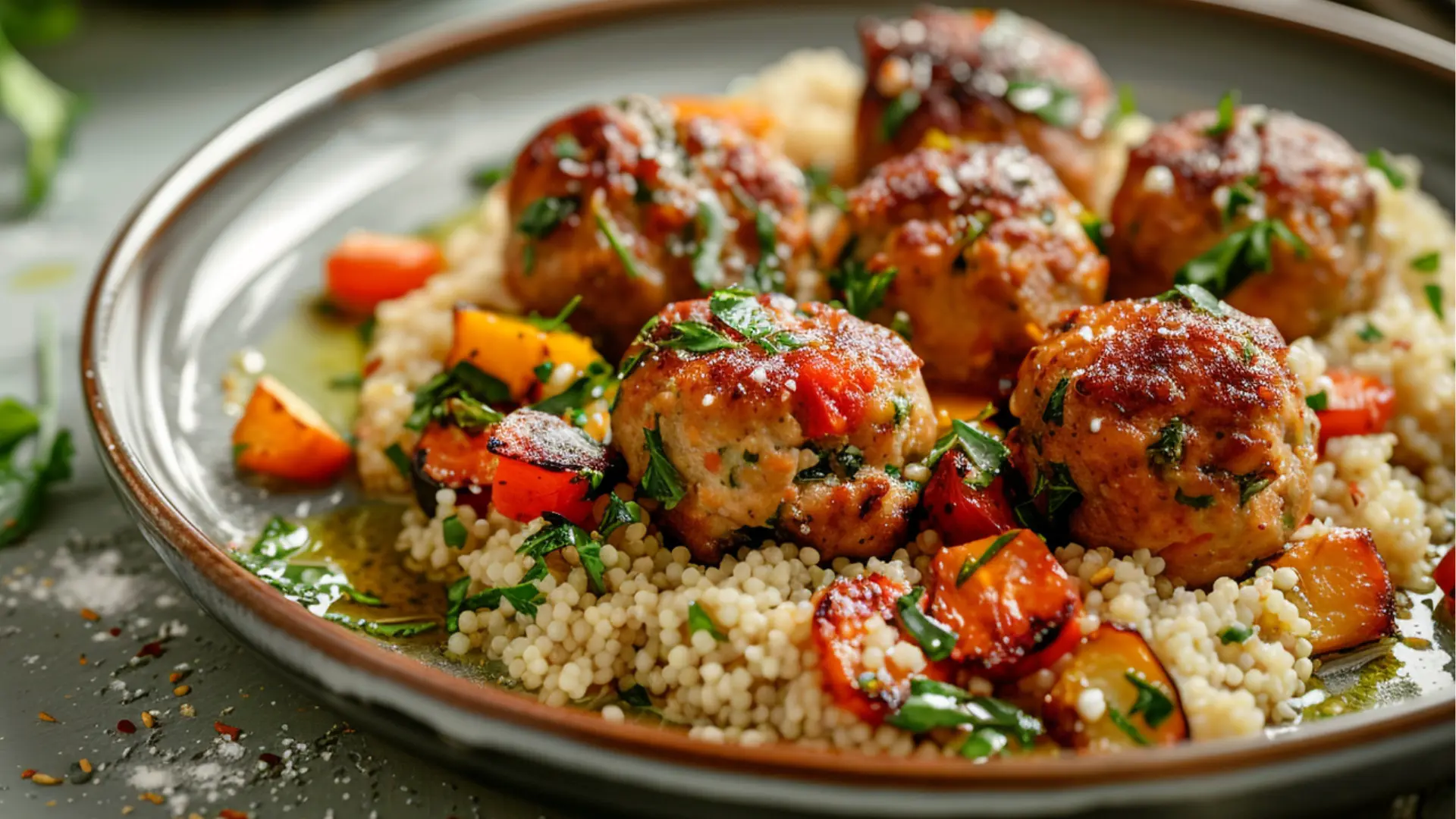 Center focused Mediterranean chicken meatballs with feta herbs served with couscous and roasted vegetables plated on white dish