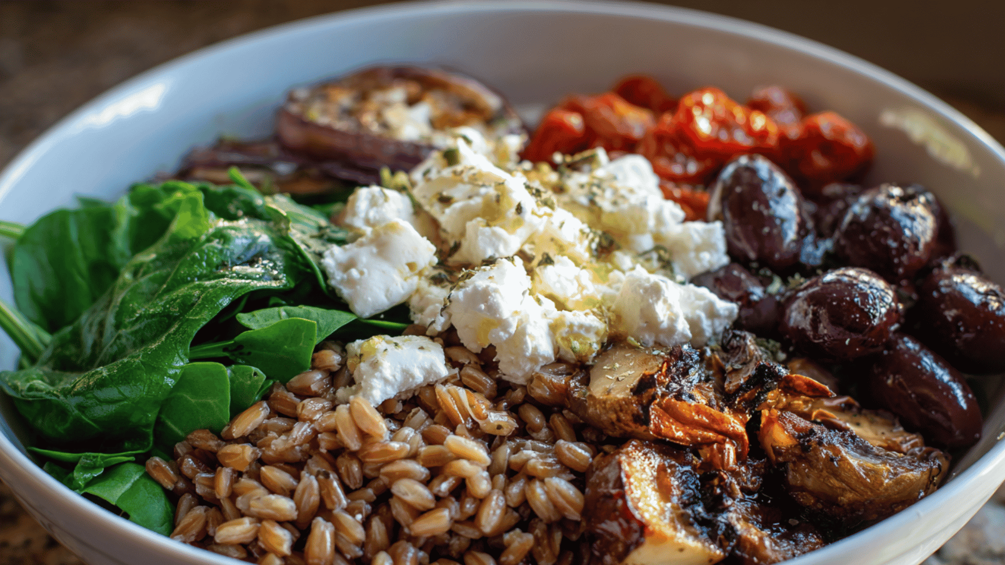 A colorful Mediterranean farro bowl featuring nutty grain farro mixed with halved cherry tomatoes, diced cucumbers, sliced Kalamata olives, and thin red onion rings, topped with crumbled feta cheese and a scoop of creamy hummus.