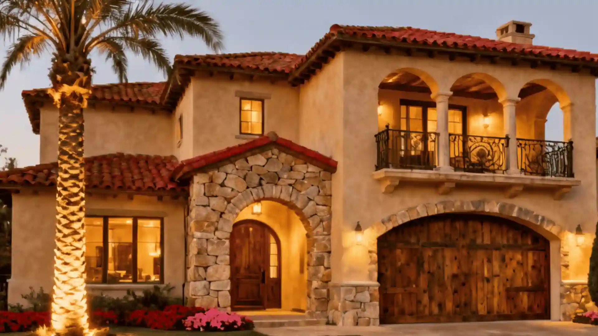 A stucco Mediterranean-style home with a tiled roof, stone accents, a prominent palm tree, and a double-door garage.