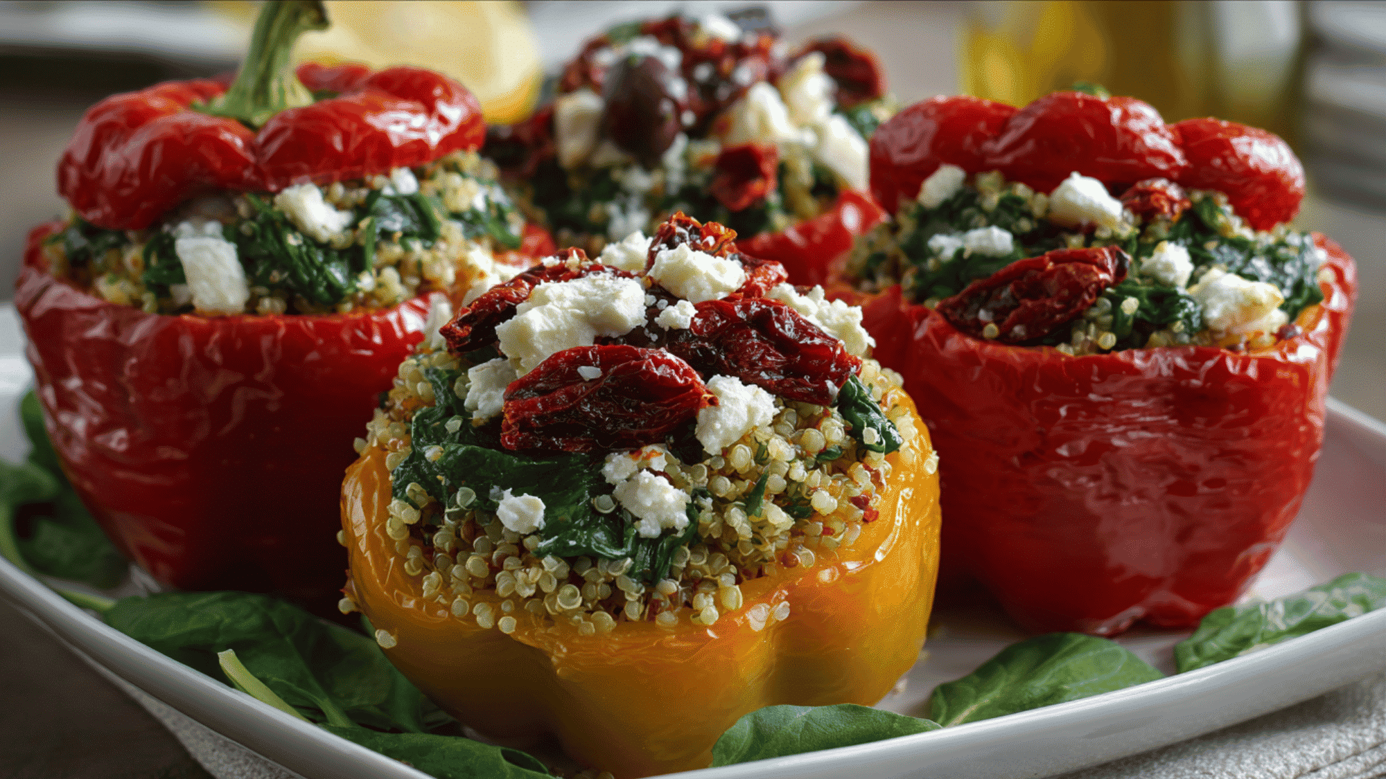 Half-cut bell peppers baked until tender and filled with a vibrant mixture of fluffy quinoa, wilted spinach, chopped sun-dried tomatoes, sliced olives, and crumbled feta cheese.
